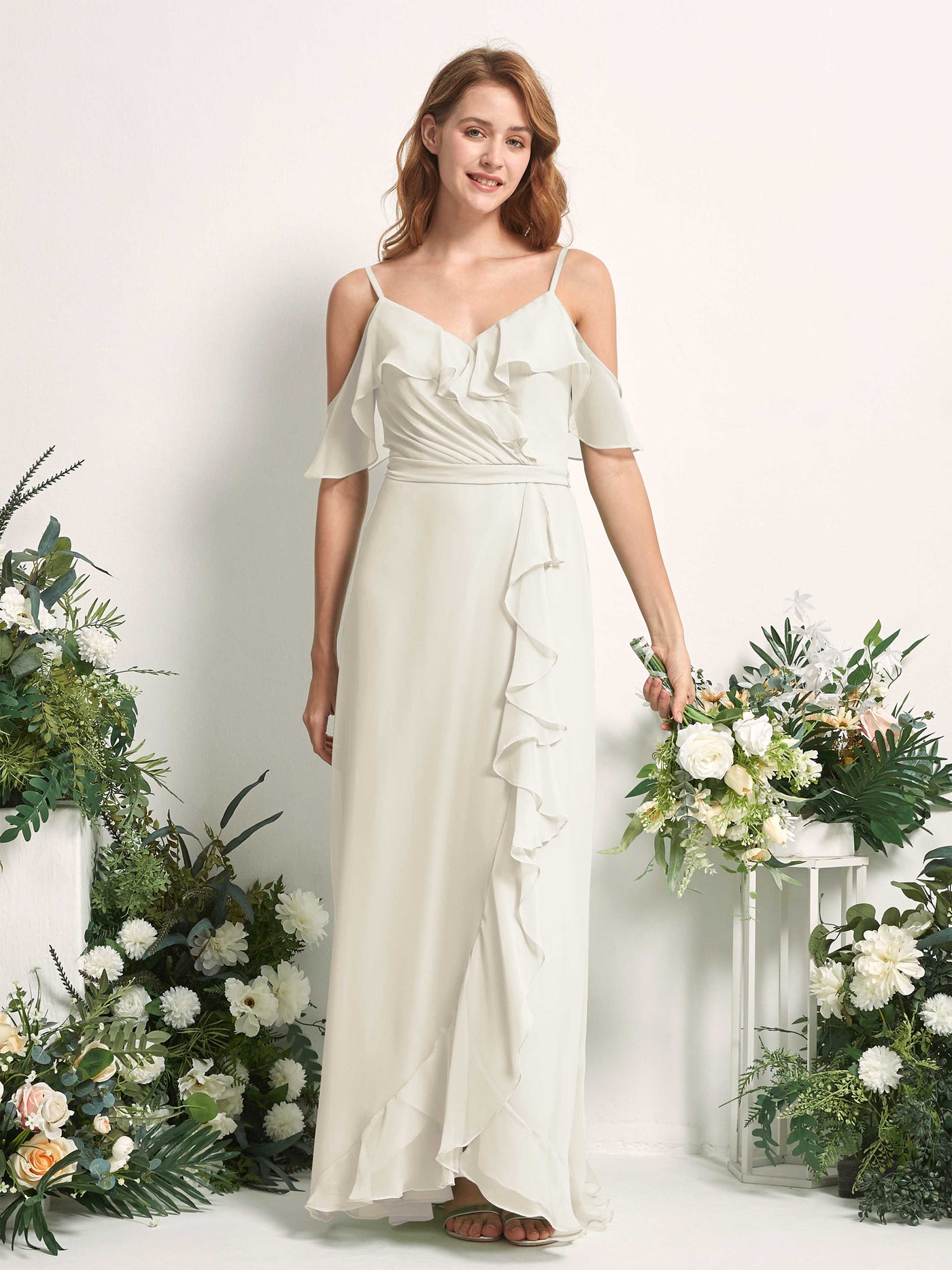 Carlyna Vestido Línea A Hombros Caídos Hasta el suelo Gasa Dama de honor Marfil #color_marfil