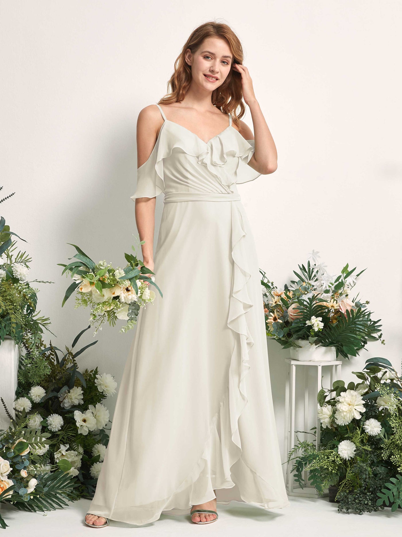 Carlyna Vestido Línea A Hombros Caídos Hasta el suelo Gasa Dama de honor Marfil #color_marfil