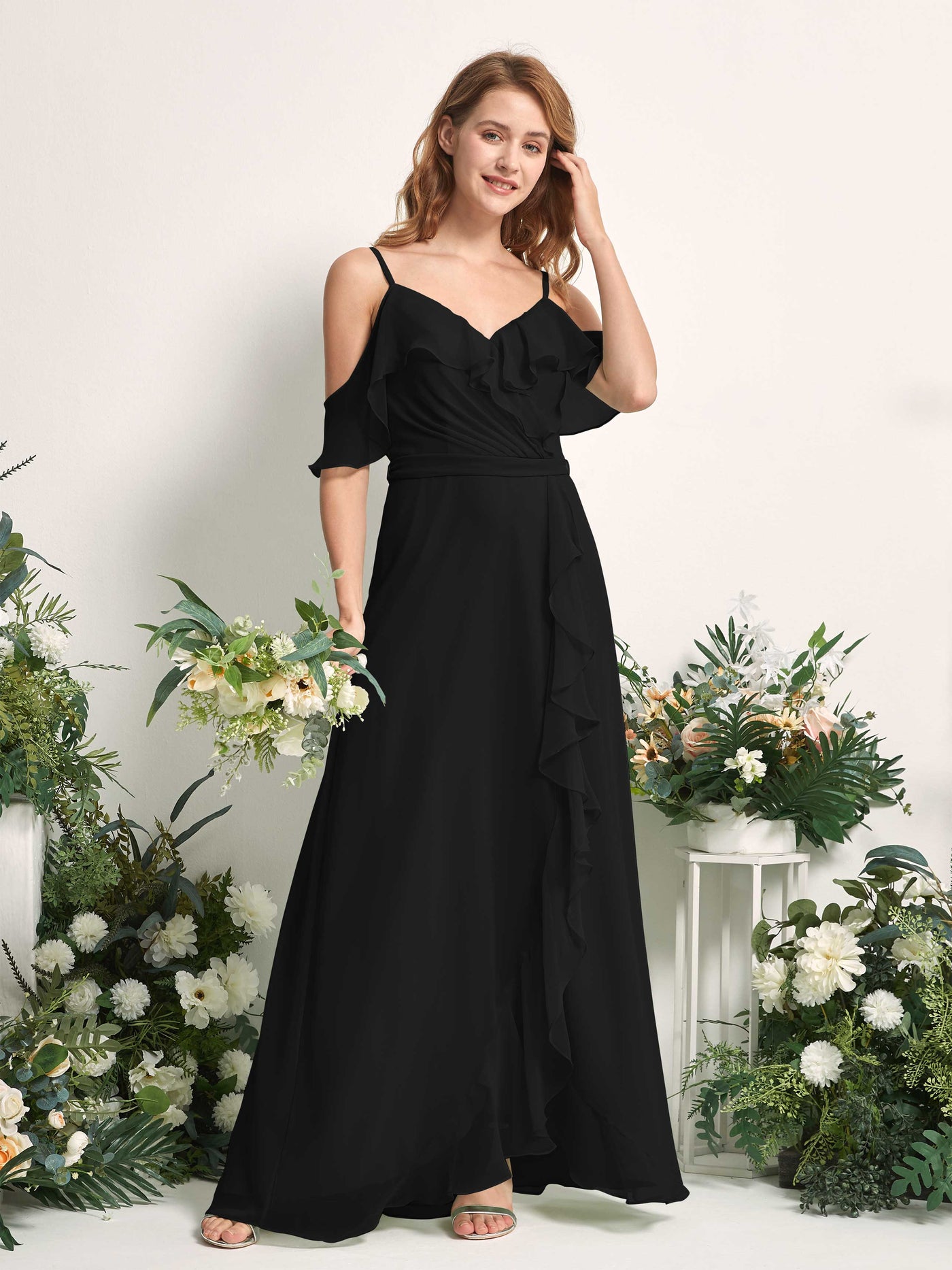 Carlyna Vestido Línea A Hombros Caídos Hasta el suelo Gasa Dama de honor Negro #color_negro
