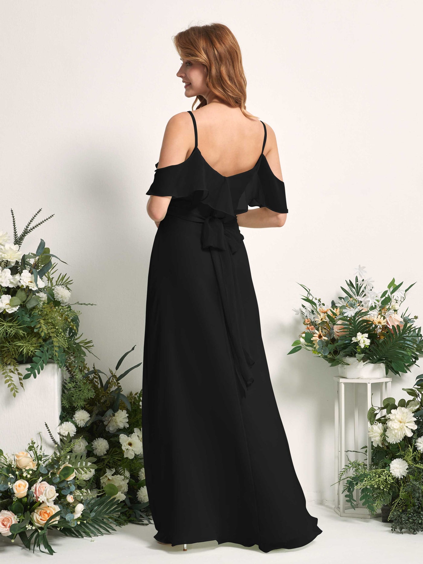 Carlyna Vestido Línea A Hombros Caídos Hasta el suelo Gasa Dama de honor Negro #color_negro