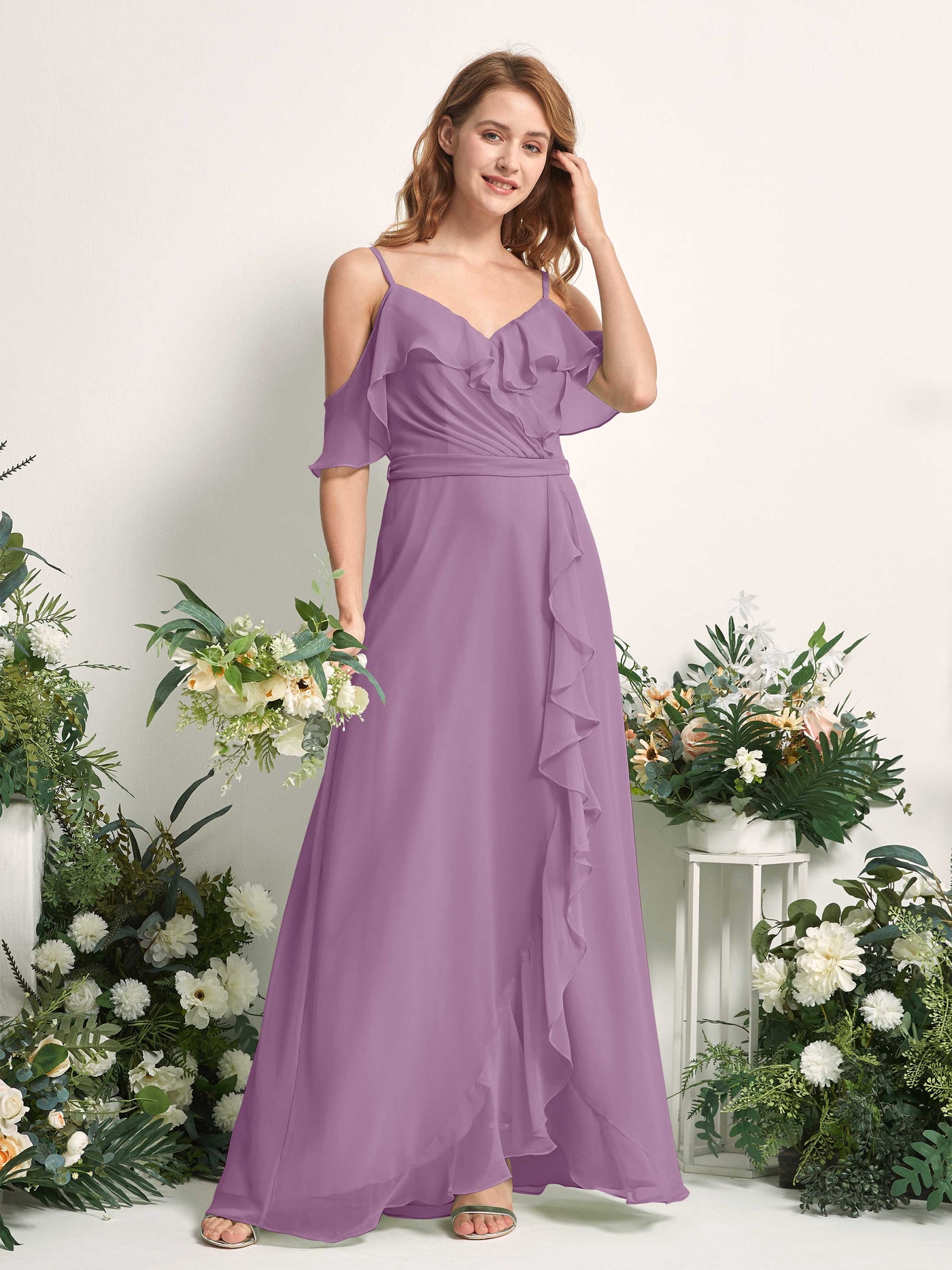 Carlyna Vestido Línea A Hombros Caídos Hasta el suelo Gasa Dama de honor Niebla Orquídea #color_niebla-orqu-dea