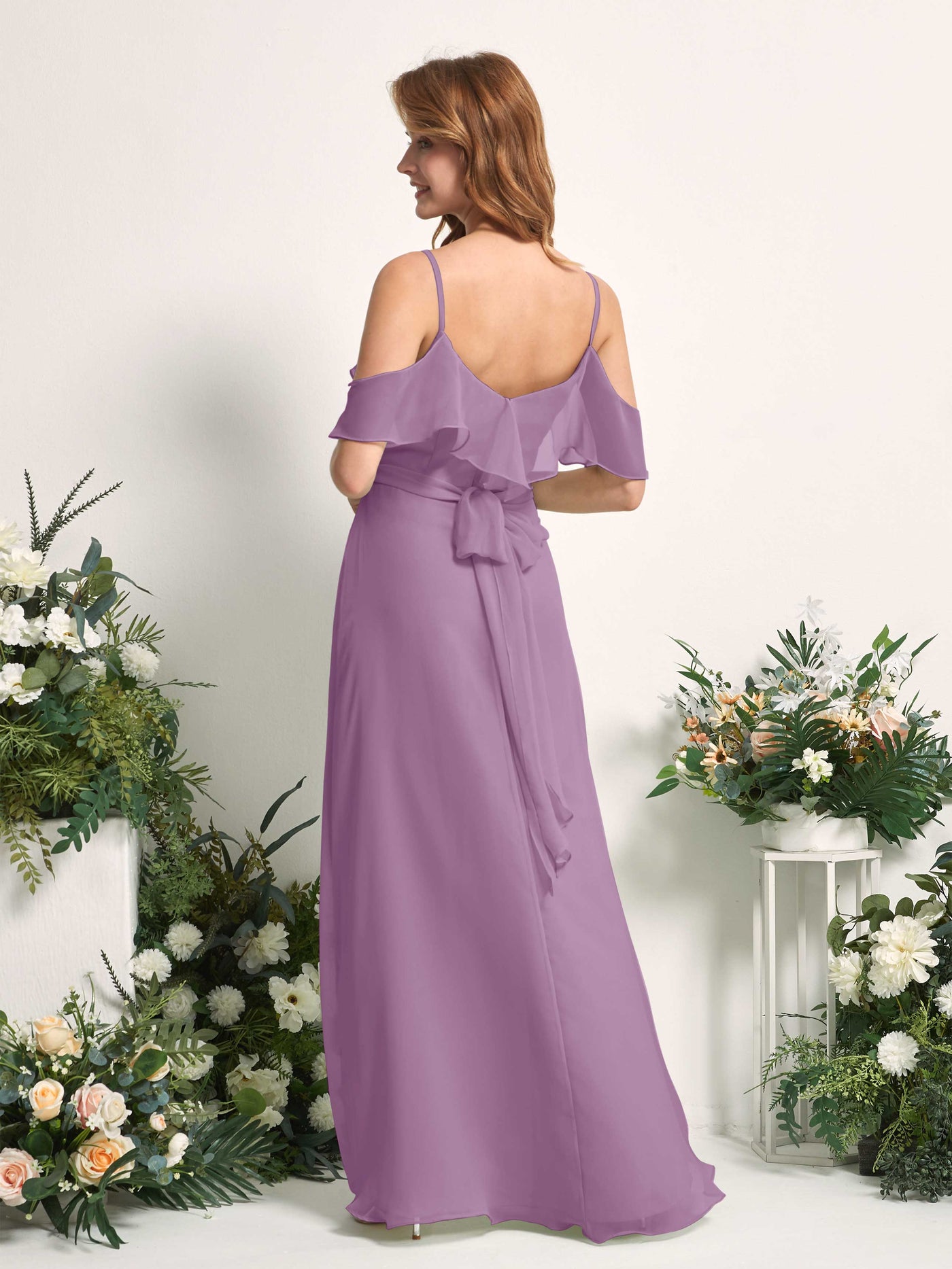 Carlyna Vestido Línea A Hombros Caídos Hasta el suelo Gasa Dama de honor Niebla Orquídea #color_niebla-orqu-dea