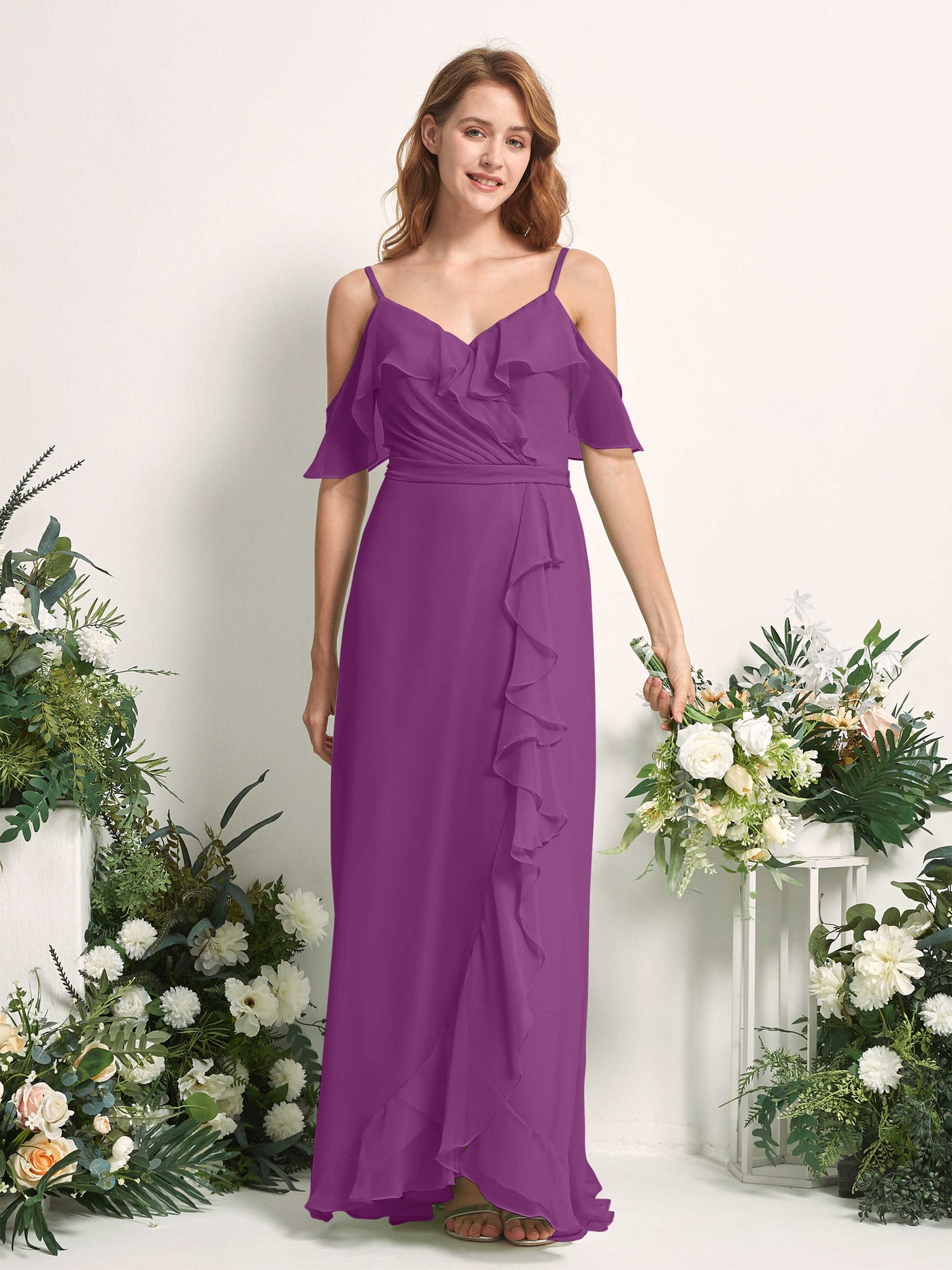 Carlyna Vestido Línea A Hombros Caídos Hasta el suelo Gasa Dama de honor Púrpura #color_p-rpura