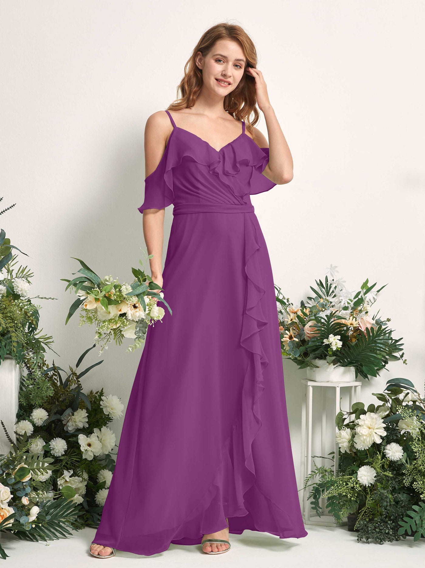 Carlyna Vestido Línea A Hombros Caídos Hasta el suelo Gasa Dama de honor Púrpura #color_p-rpura