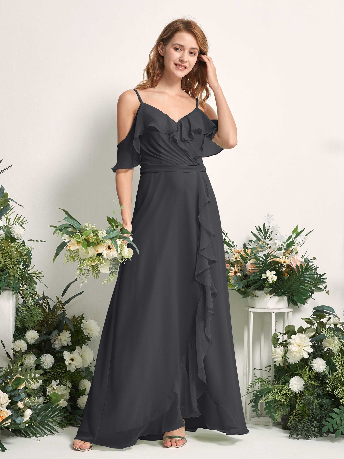 Carlyna Vestido Línea A Hombros Caídos Hasta el suelo Gasa Dama de honor Peltre #color_peltre