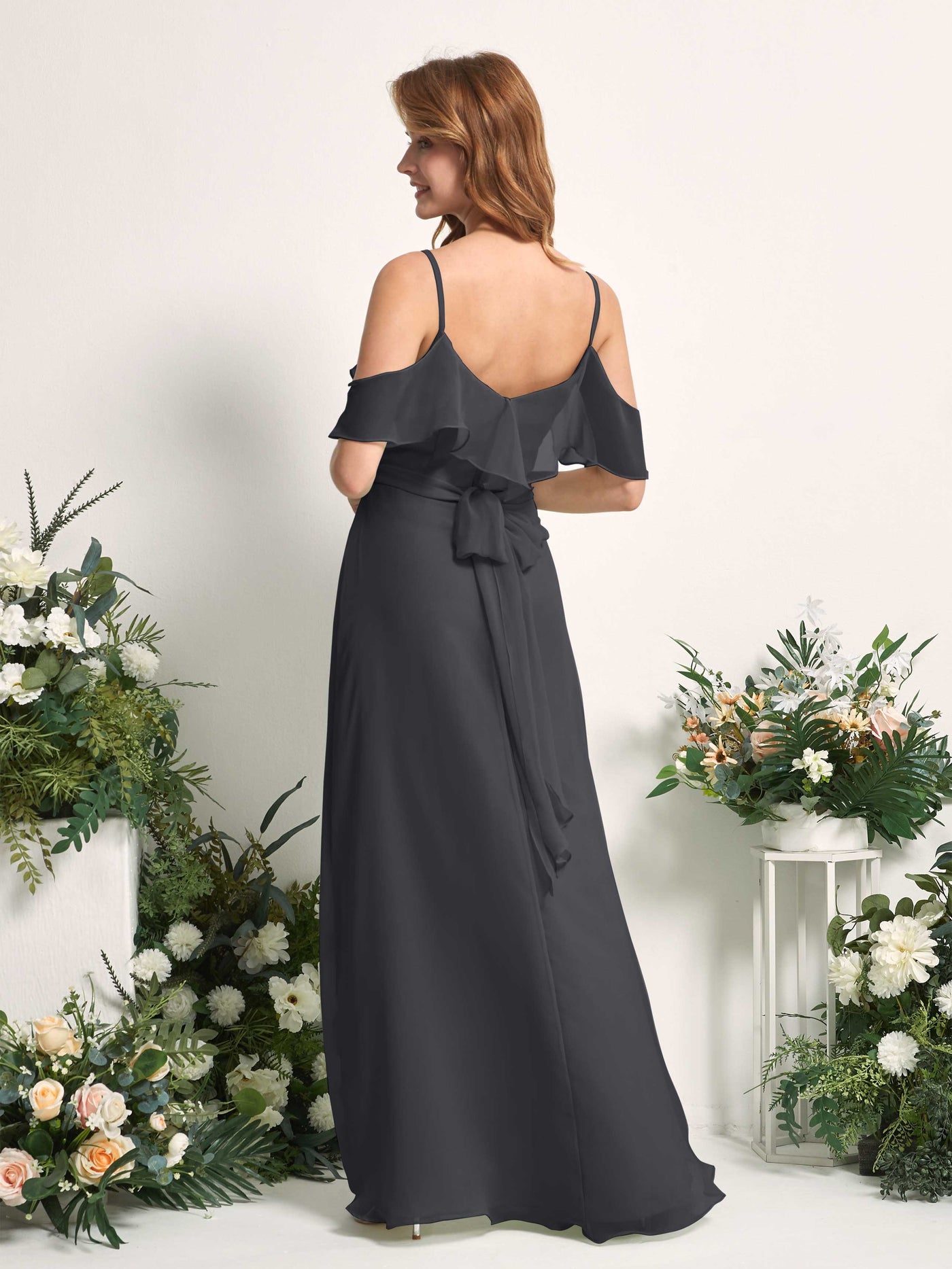 Carlyna Vestido Línea A Hombros Caídos Hasta el suelo Gasa Dama de honor Peltre #color_peltre