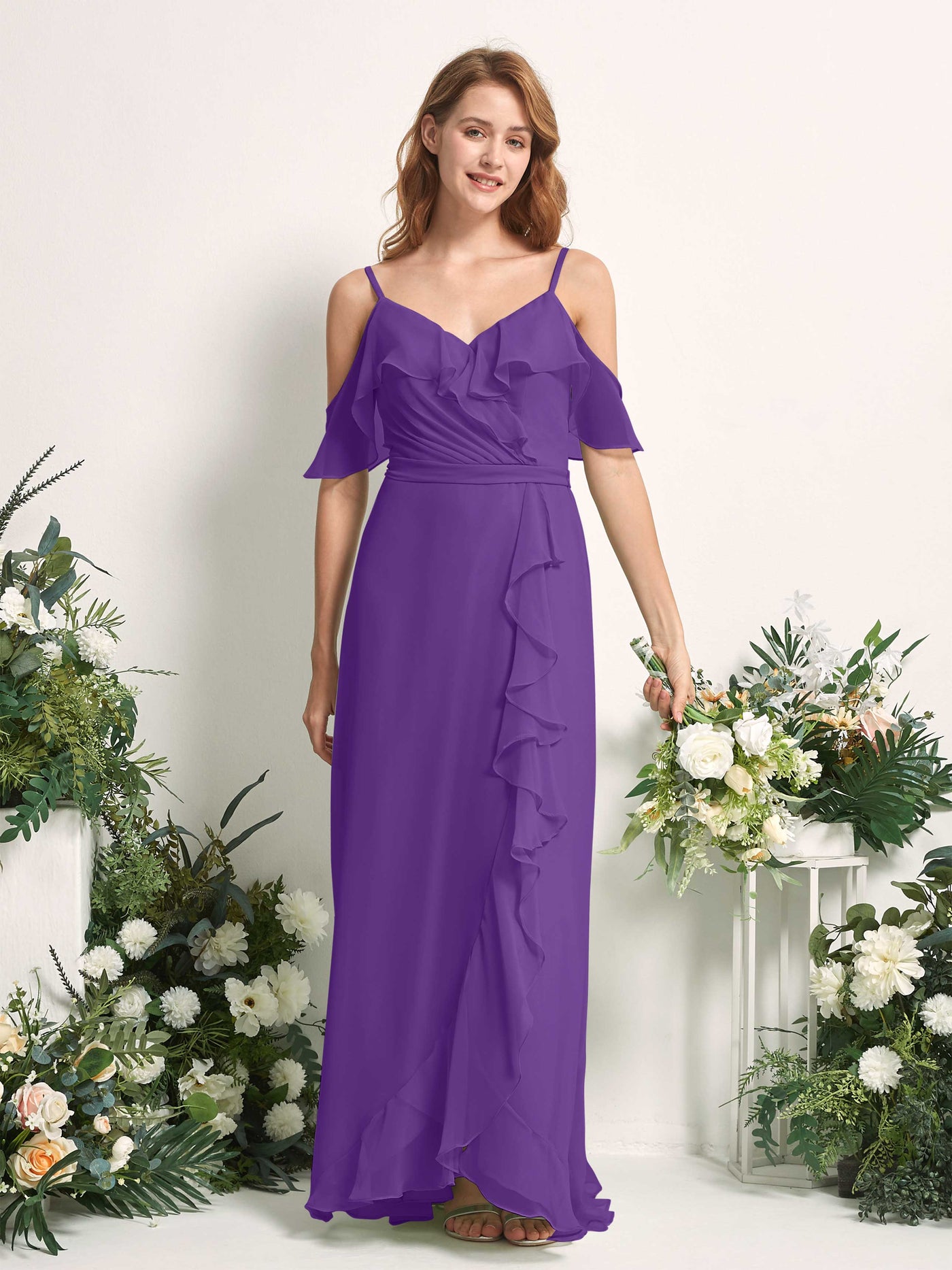 Carlyna Vestido Línea A Hombros Caídos Hasta el suelo Gasa Dama de honor Regencia #color_regencia