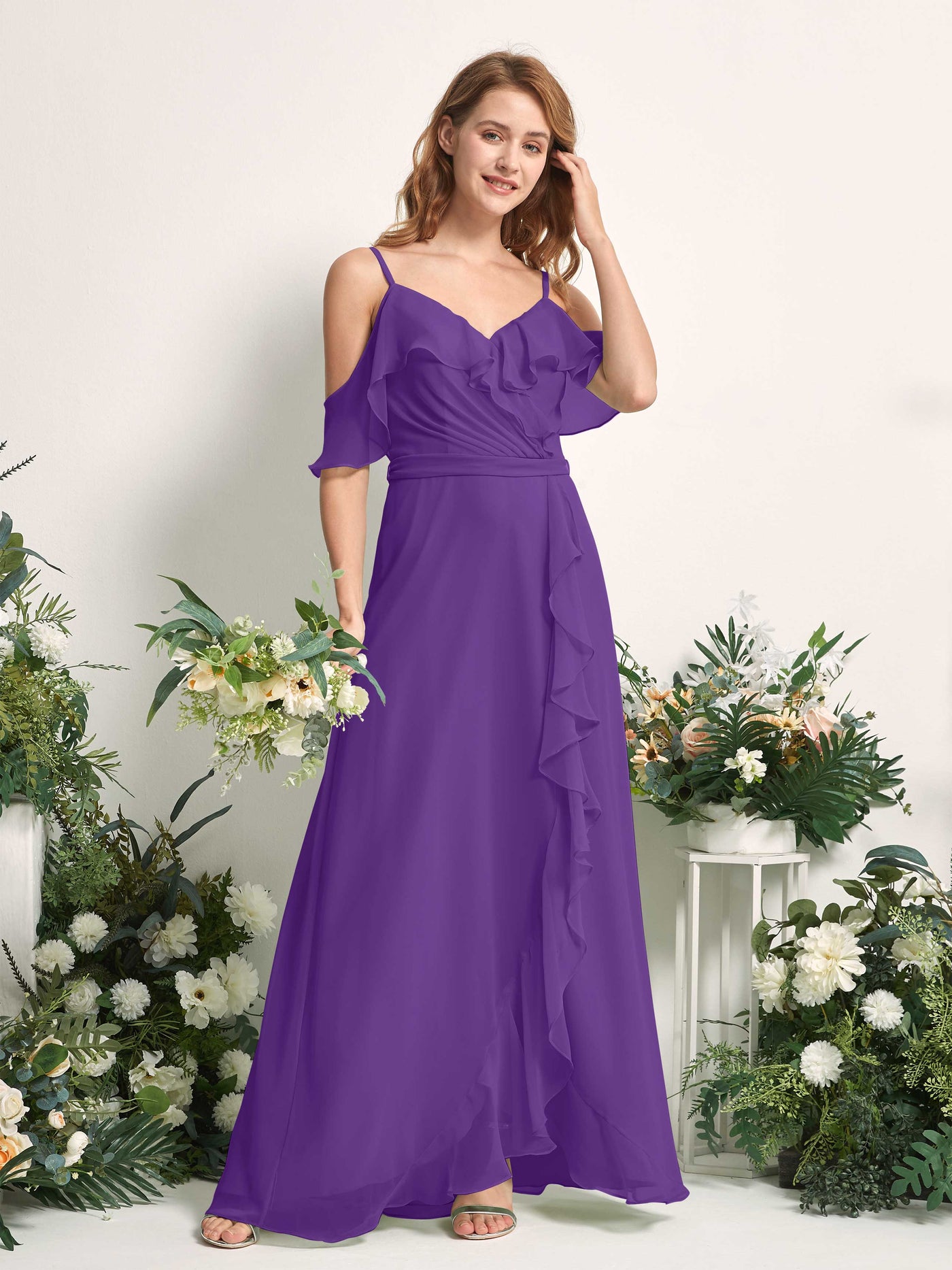 Carlyna Vestido Línea A Hombros Caídos Hasta el suelo Gasa Dama de honor Regencia #color_regencia