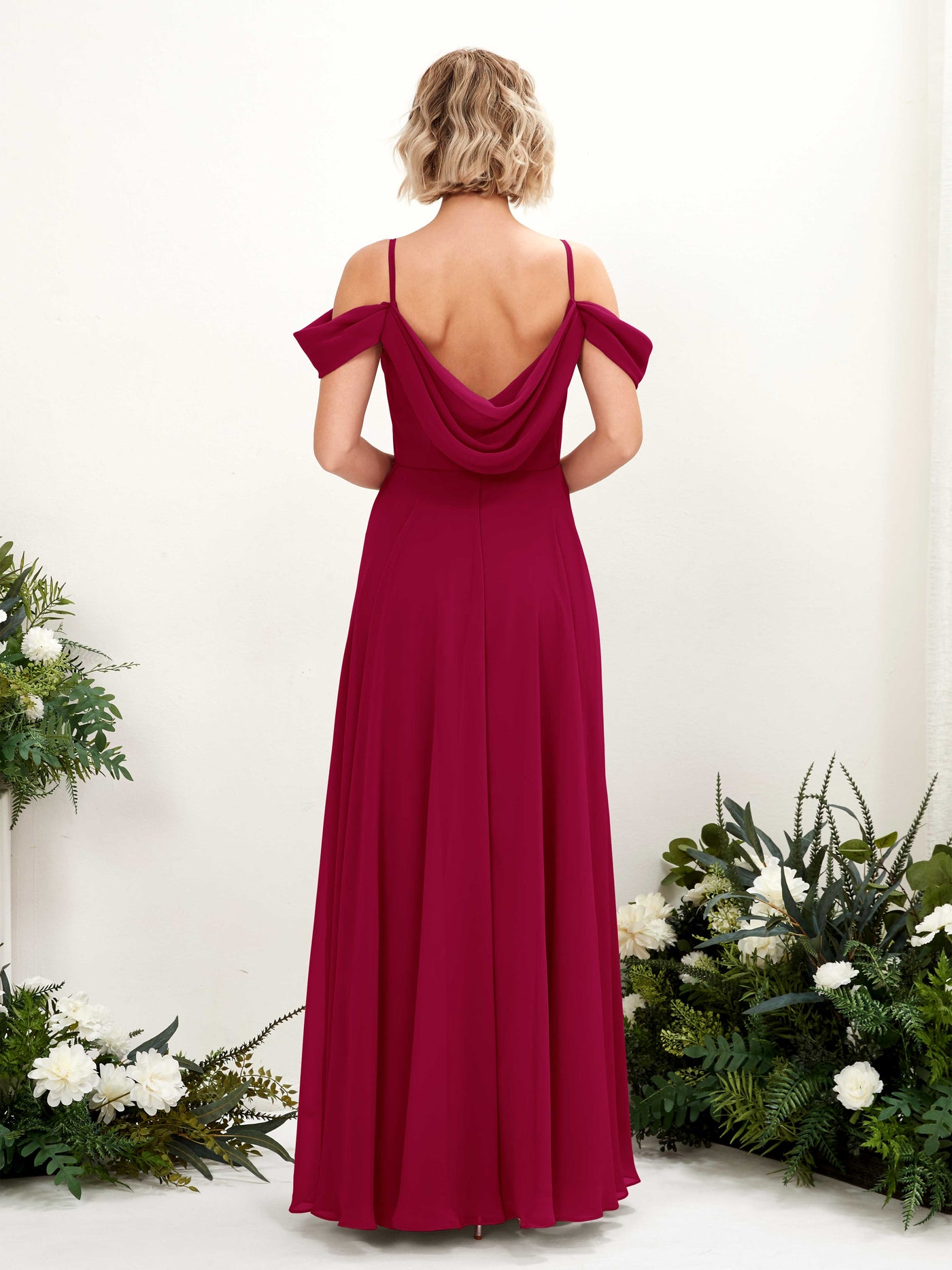 Carlyna Vestido Línea A Hombros caídos Hasta el suelo Gasa dama de honor Rojo Bufón #color_rojo-buf-n