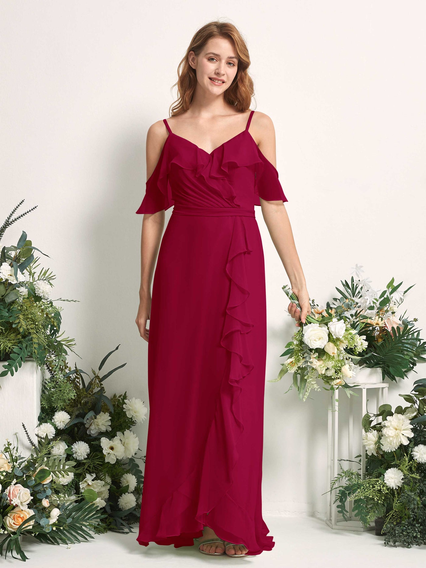 Carlyna Vestido Línea A Hombros Caídos Hasta el suelo Gasa Dama de honor Rojo Bufón #color_rojo-buf-n