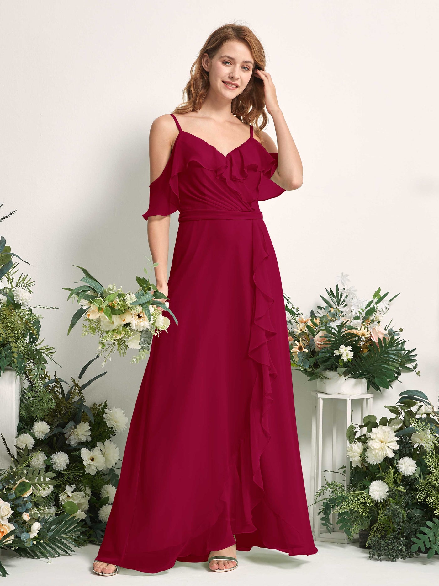 Carlyna Vestido Línea A Hombros Caídos Hasta el suelo Gasa Dama de honor Rojo Bufón #color_rojo-buf-n