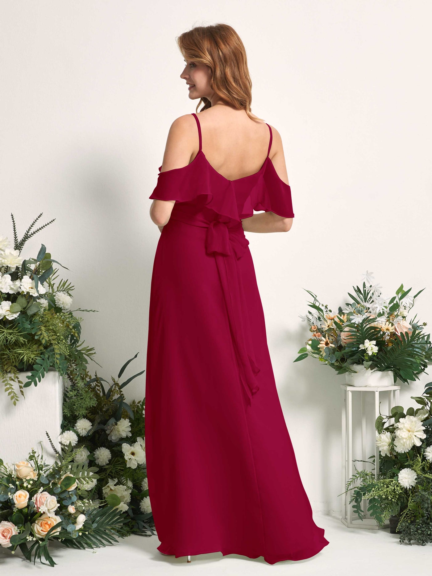 Carlyna Vestido Línea A Hombros Caídos Hasta el suelo Gasa Dama de honor Rojo Bufón #color_rojo-buf-n