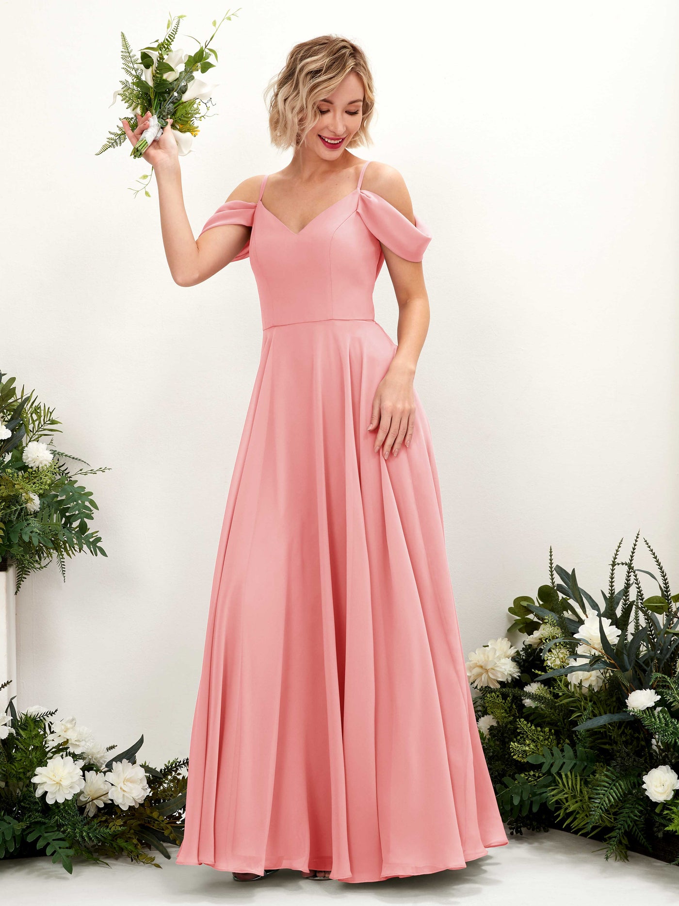 Carlyna Vestido Línea A Hombros caídos Hasta el suelo Gasa dama de honor Rosa Ballet #color_rosa-ballet