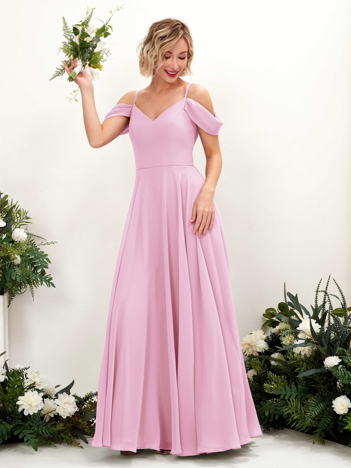 Carlyna Vestido Línea A Hombros caídos Hasta el suelo Gasa dama de honor Rosa Caramelo #color_rosa-caramelo