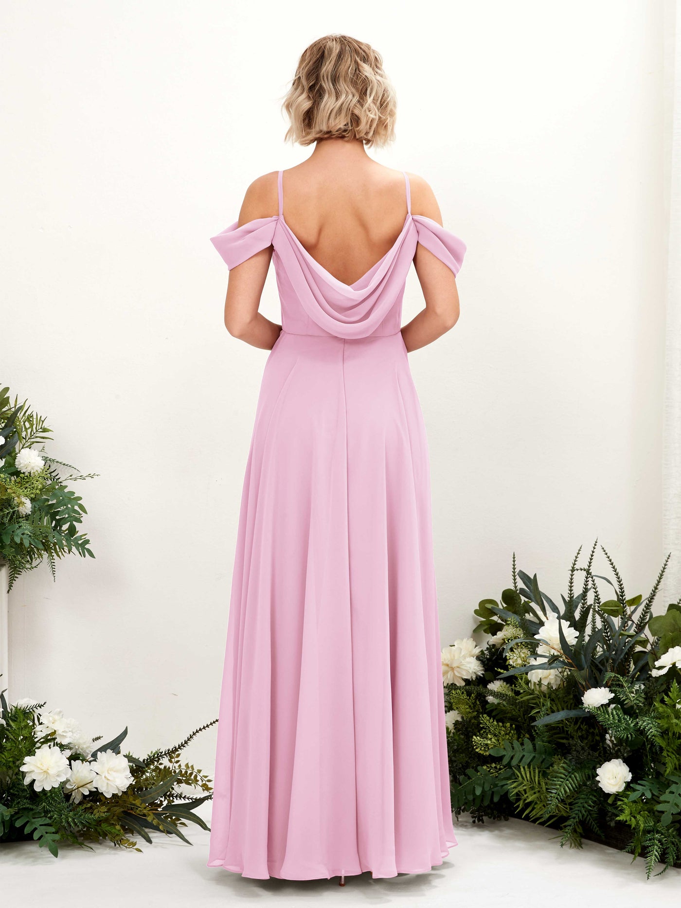 Carlyna Vestido Línea A Hombros caídos Hasta el suelo Gasa dama de honor Rosa Caramelo #color_rosa-caramelo