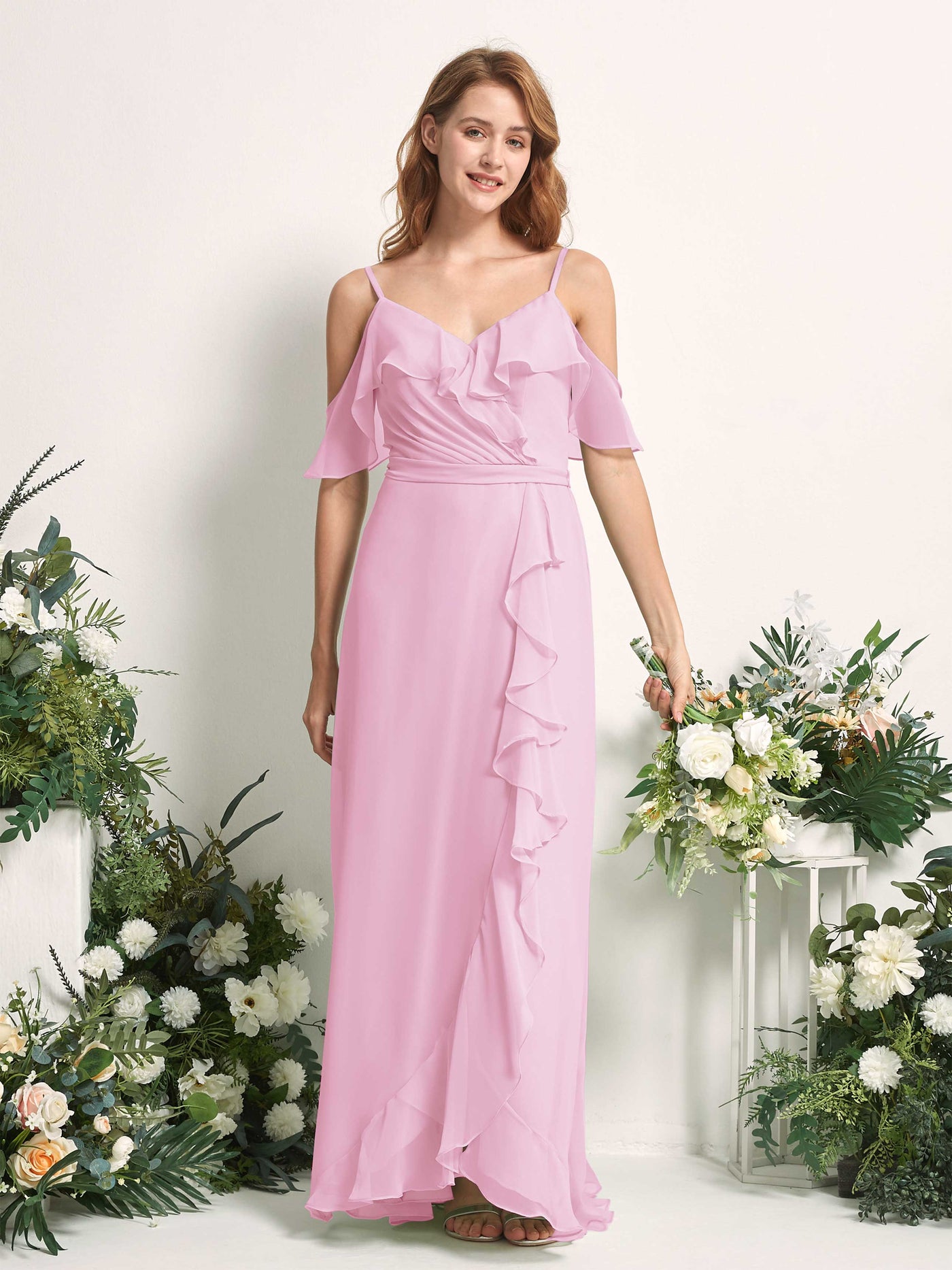 Carlyna Vestido Línea A Hombros Caídos Hasta el suelo Gasa Dama de honor Rosa Caramelo #color_rosa-caramelo