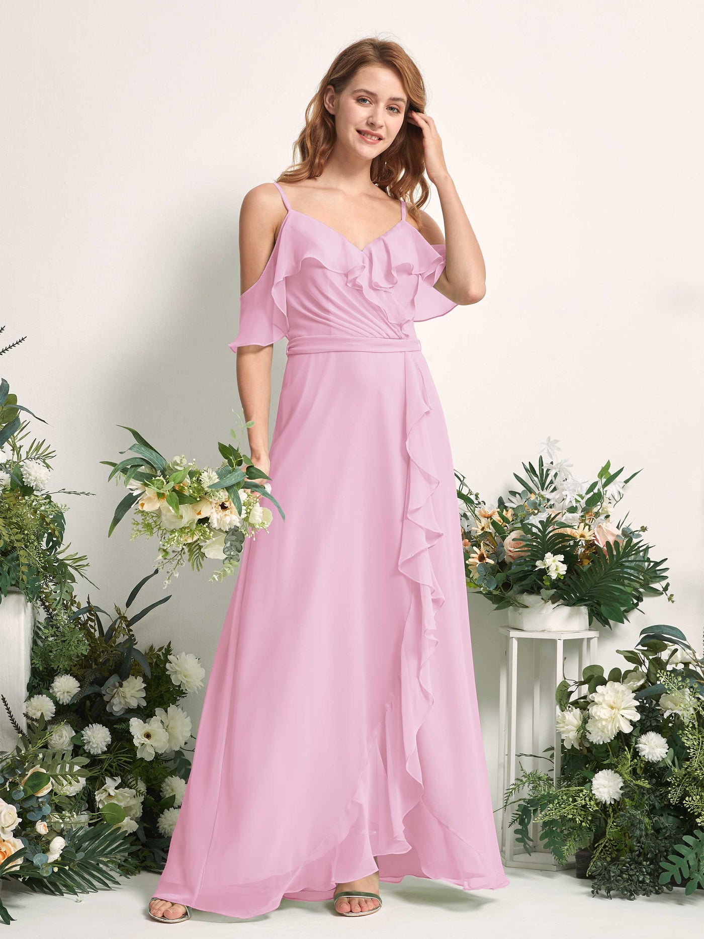 Carlyna Vestido Línea A Hombros Caídos Hasta el suelo Gasa Dama de honor Rosa Caramelo #color_rosa-caramelo