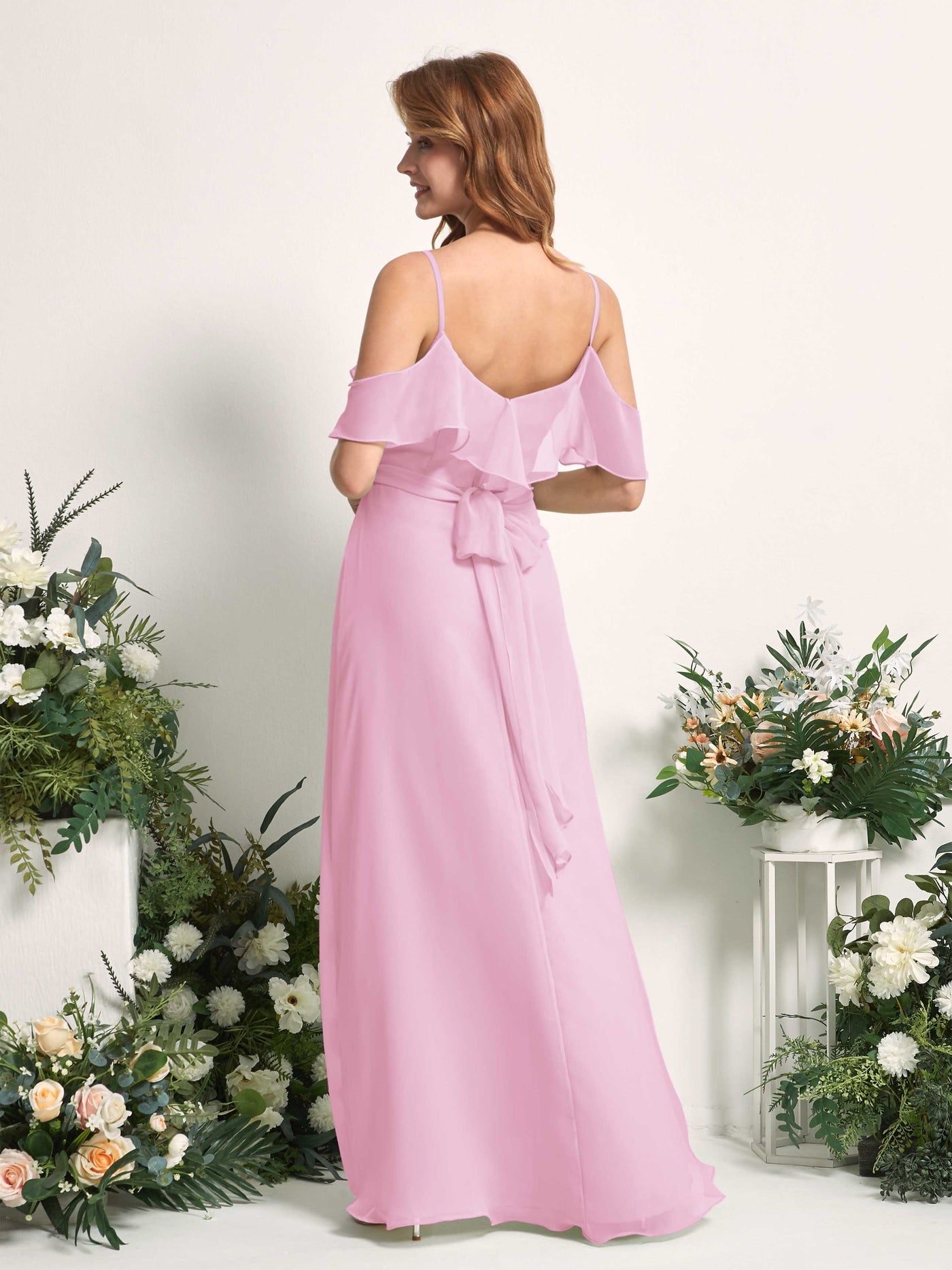 Carlyna Vestido Línea A Hombros Caídos Hasta el suelo Gasa Dama de honor Rosa Caramelo #color_rosa-caramelo