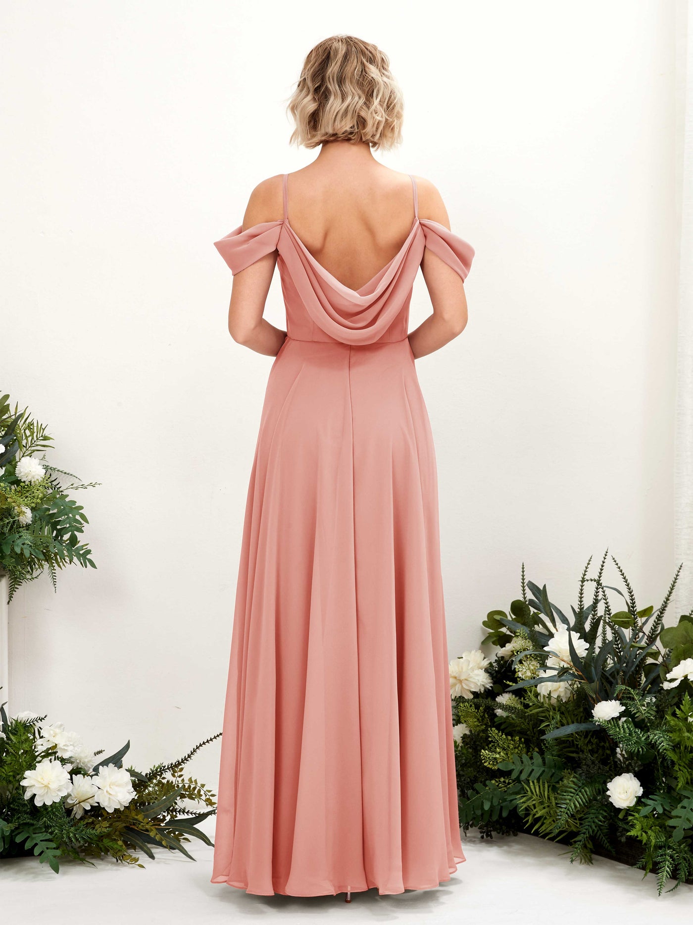 Carlyna Vestido Línea A Hombros caídos Hasta el suelo Gasa dama de honor Rosa Champán #color_rosa-champ-n