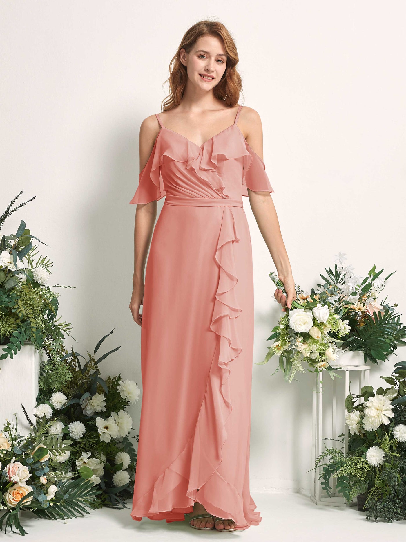 Carlyna Vestido Línea A Hombros Caídos Hasta el suelo Gasa Dama de honor Rosa Champán #color_rosa-champ-n
