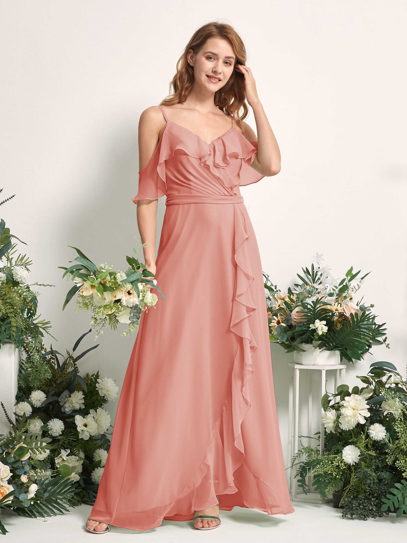Carlyna Vestido Línea A Hombros Caídos Hasta el suelo Gasa Dama de honor Rosa Champán #color_rosa-champ-n