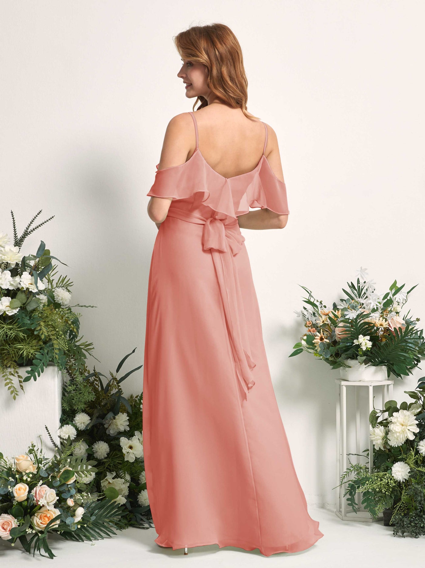 Carlyna Vestido Línea A Hombros Caídos Hasta el suelo Gasa Dama de honor Rosa Champán #color_rosa-champ-n