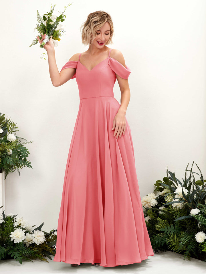 Carlyna Vestido Línea A Hombros caídos Hasta el suelo Gasa dama de honor Rosa Coral 