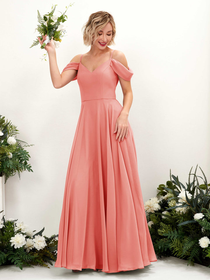 Carlyna Vestido Línea A Hombros caídos Hasta el suelo Gasa dama de honor Rosa Melocotón 