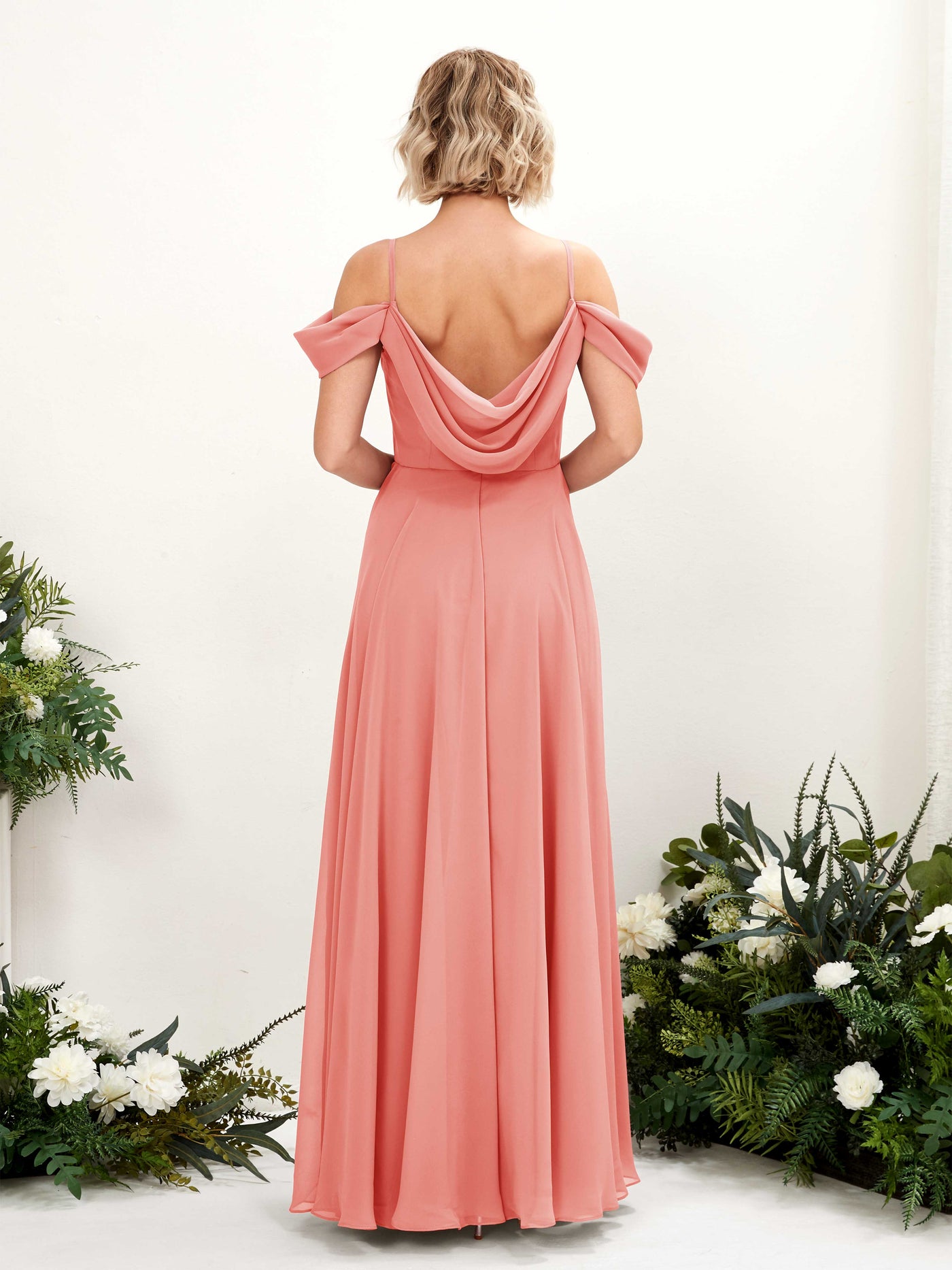 Carlyna Vestido Línea A Hombros caídos Hasta el suelo Gasa dama de honor Rosa Melocotón #color_rosa-melocot-n