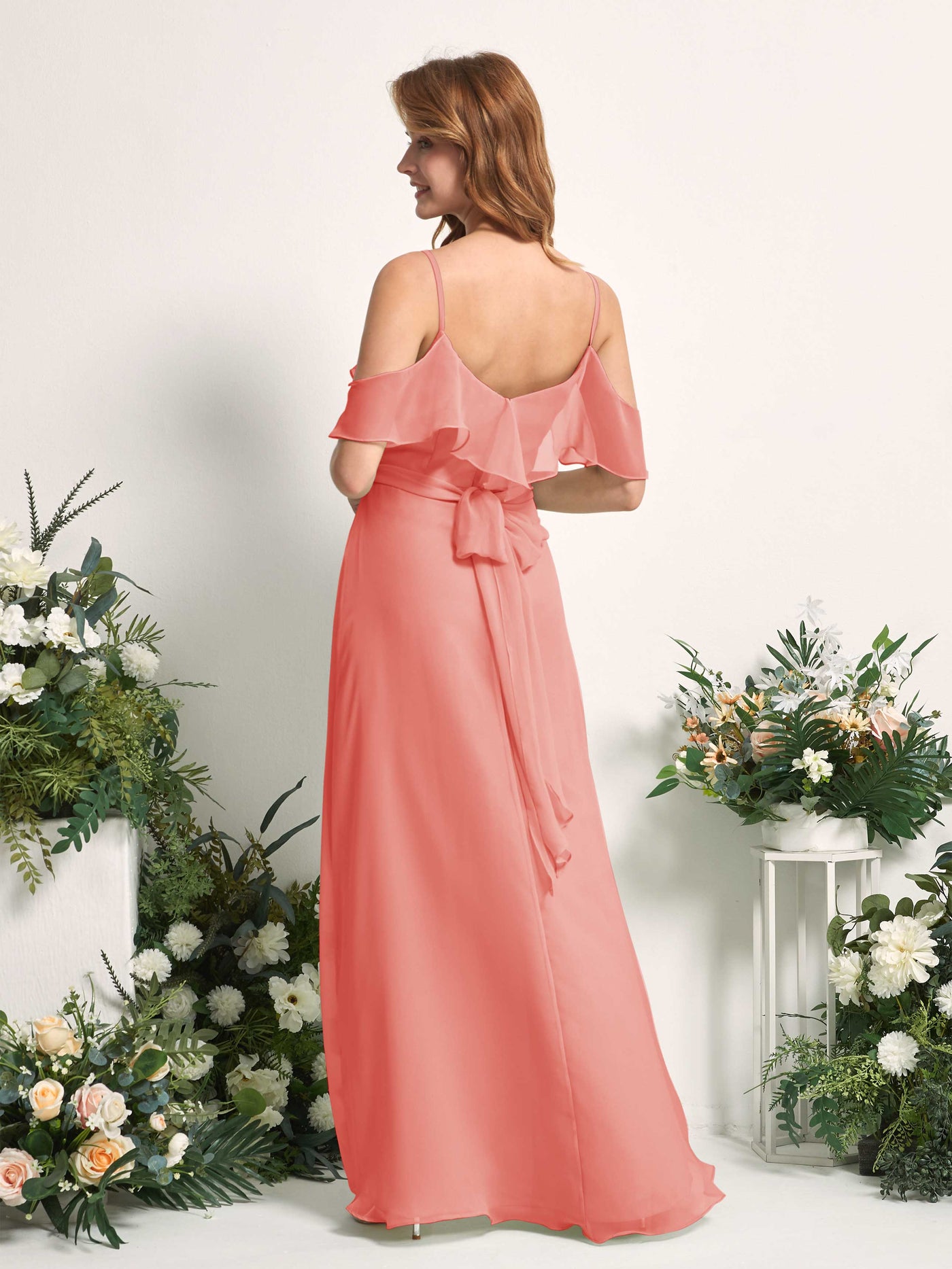Carlyna Vestido Línea A Hombros Caídos Hasta el suelo Gasa Dama de honor Rosa Melocotón #color_rosa-melocot-n