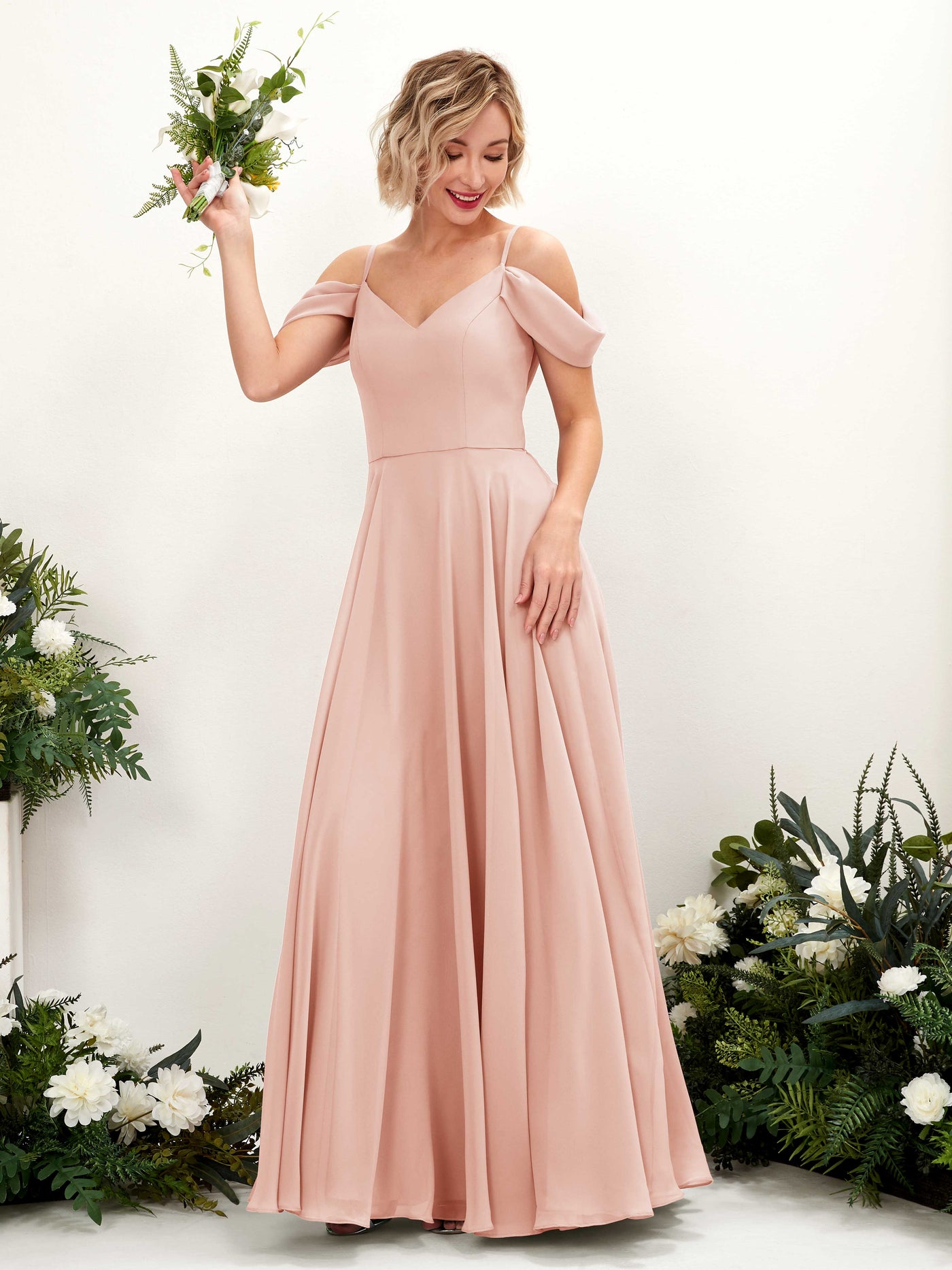 Carlyna Vestido Línea A Hombros caídos Hasta el suelo Gasa dama de honor Rosa Perla #color_rosa-perla