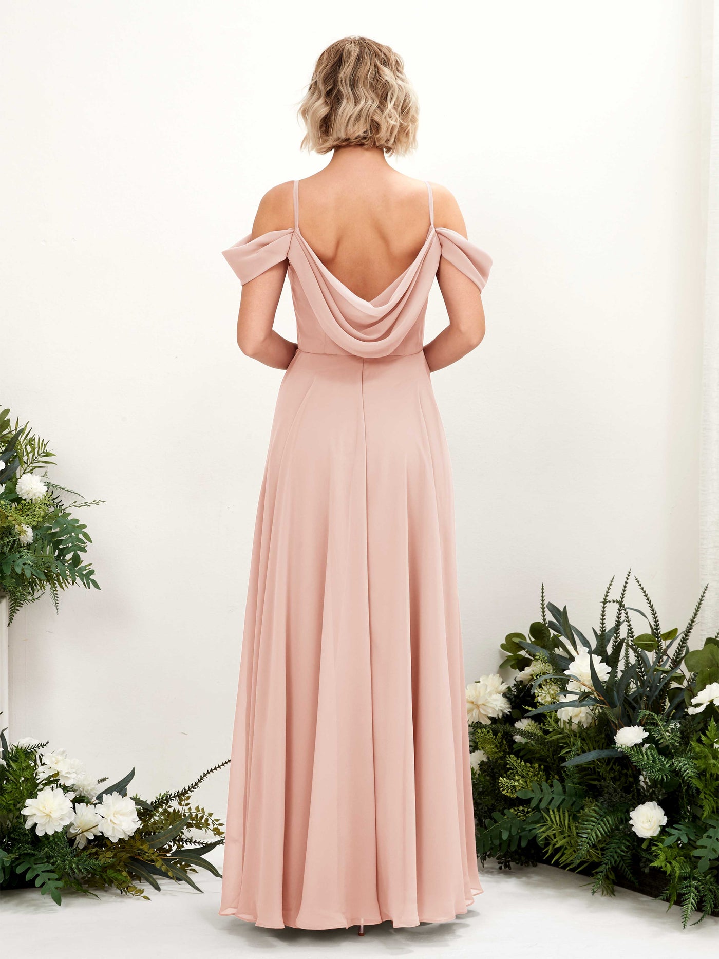 Carlyna Vestido Línea A Hombros caídos Hasta el suelo Gasa dama de honor Rosa Perla #color_rosa-perla