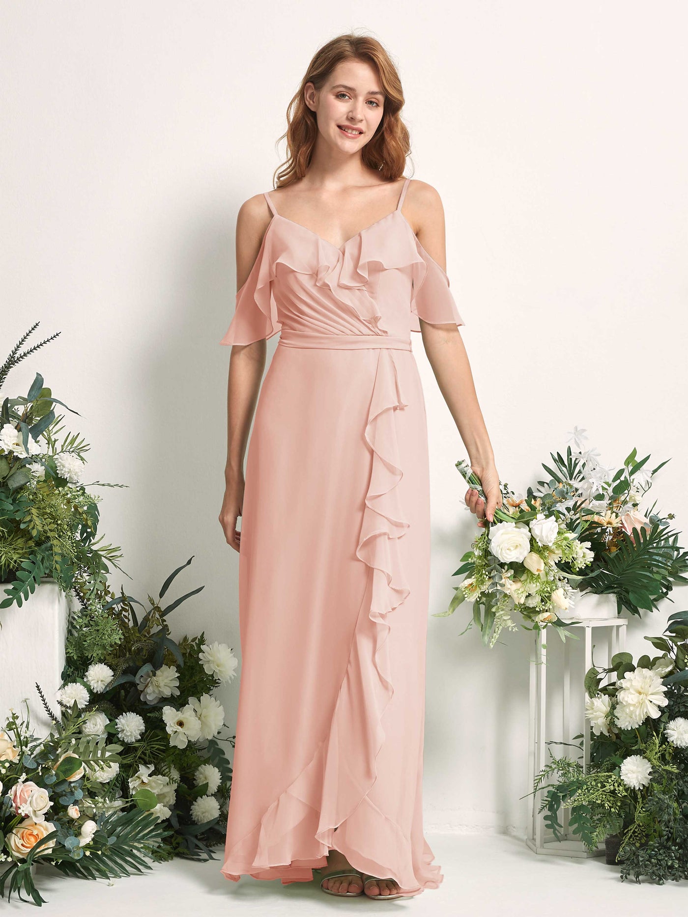 Carlyna Vestido Línea A Hombros Caídos Hasta el suelo Gasa Dama de honor Rosa Perla #color_rosa-perla