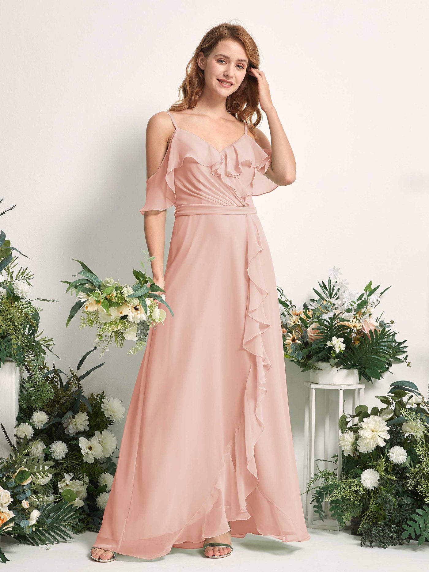 Carlyna Vestido Línea A Hombros Caídos Hasta el suelo Gasa Dama de honor Rosa Perla #color_rosa-perla