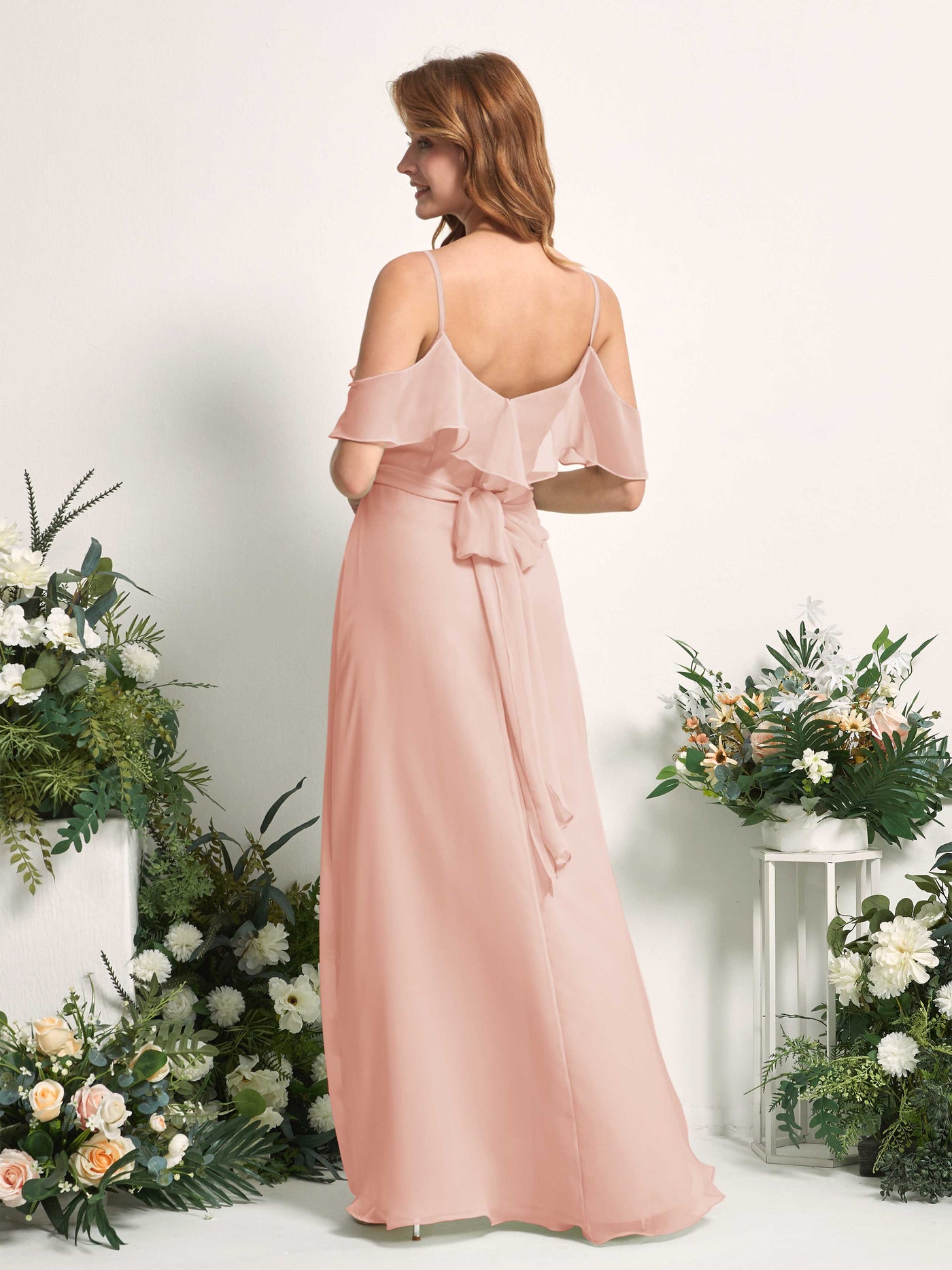 Carlyna Vestido Línea A Hombros Caídos Hasta el suelo Gasa Dama de honor Rosa Perla #color_rosa-perla