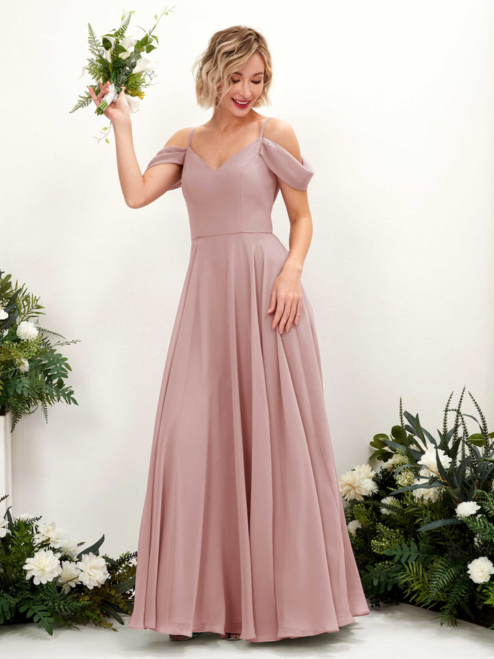 Carlyna Vestido Línea A Hombros caídos Hasta el suelo Gasa dama de honor Rosa Polvorienta 