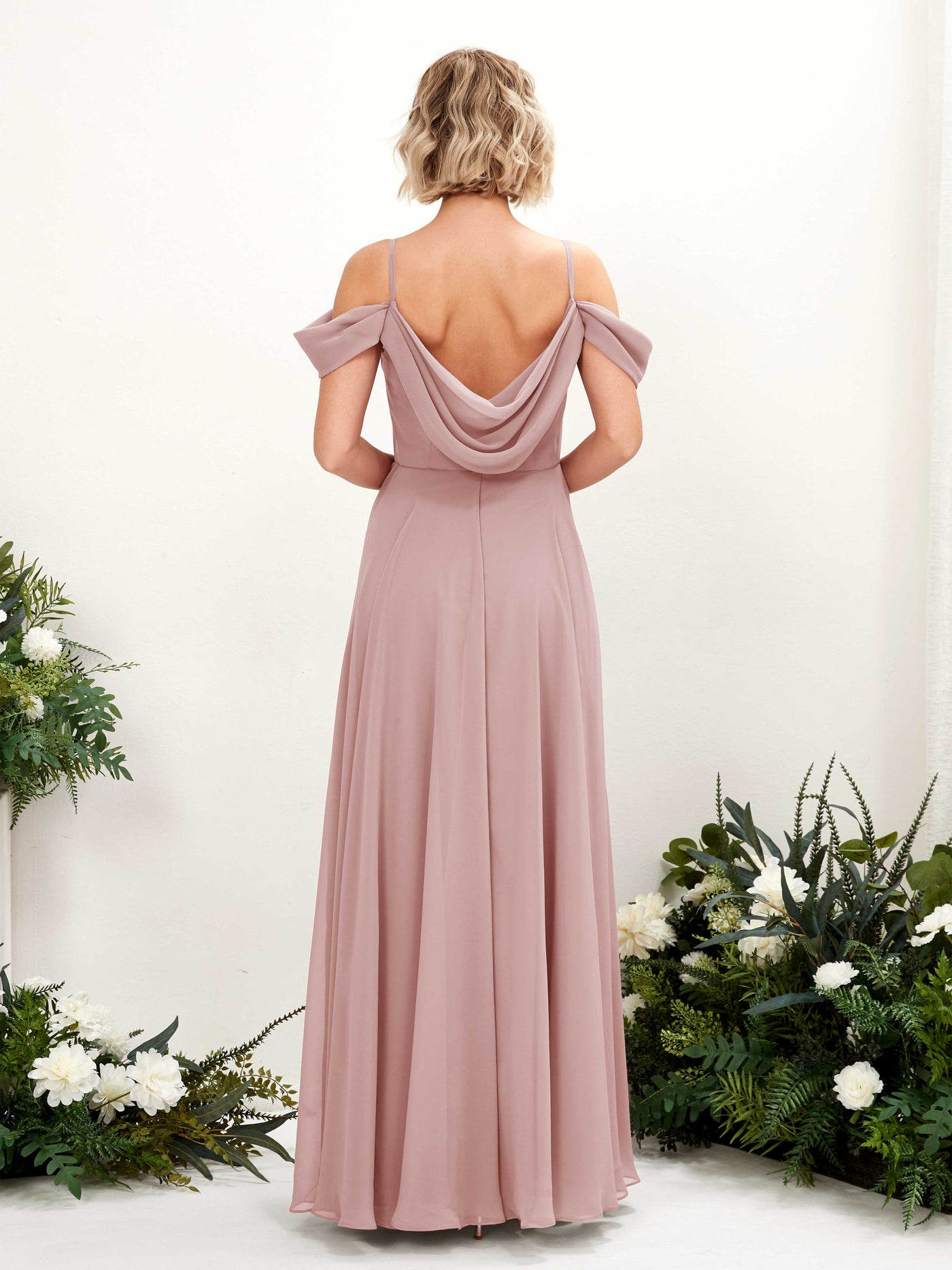 Carlyna Vestido Línea A Hombros caídos Hasta el suelo Gasa dama de honor Rosa Polvorienta #color_rosa-polvorienta