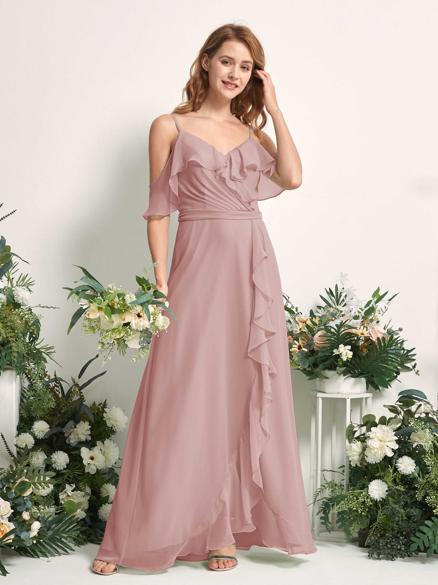 Carlyna Vestido Línea A Hombros Caídos Hasta el suelo Gasa Dama de honor Rosa Polvorienta #color_rosa-polvorienta