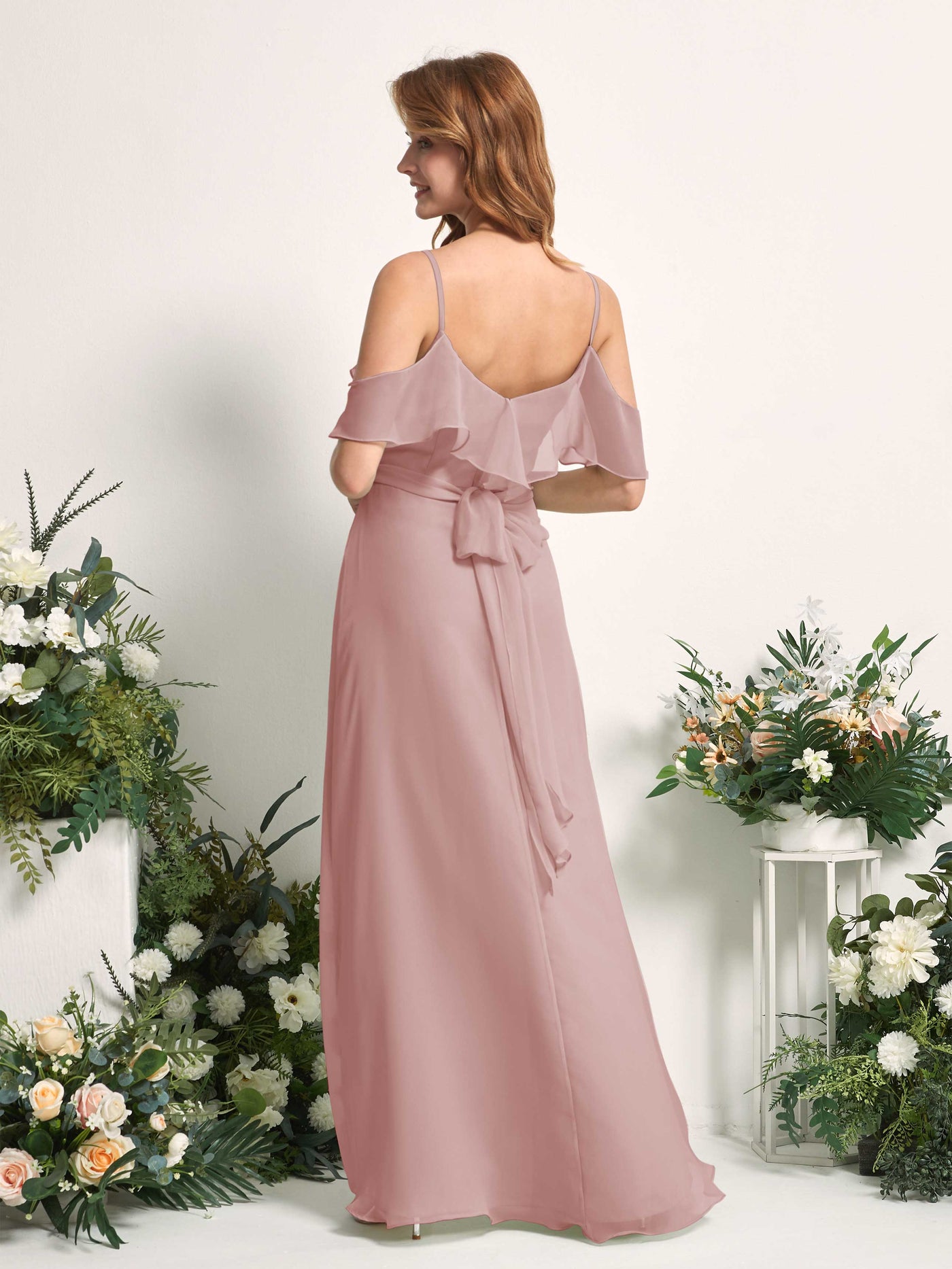 Carlyna Vestido Línea A Hombros Caídos Hasta el suelo Gasa Dama de honor Rosa Polvorienta #color_rosa-polvorienta