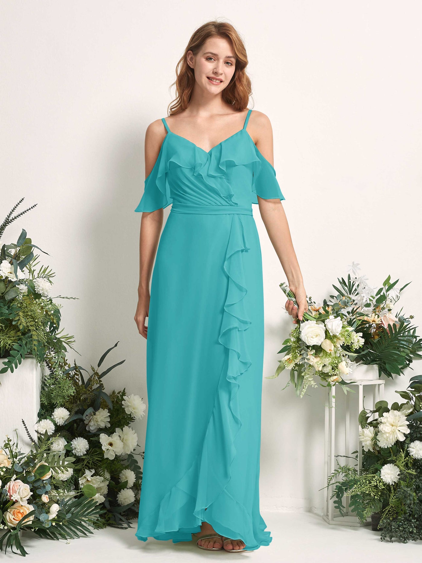 Carlyna Vestido Línea A Hombros Caídos Hasta el suelo Gasa Dama de honor Turquesa #color_turquesa
