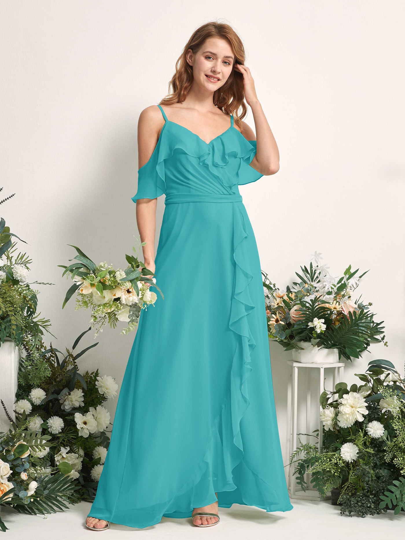 Carlyna Vestido Línea A Hombros Caídos Hasta el suelo Gasa Dama de honor Turquesa #color_turquesa