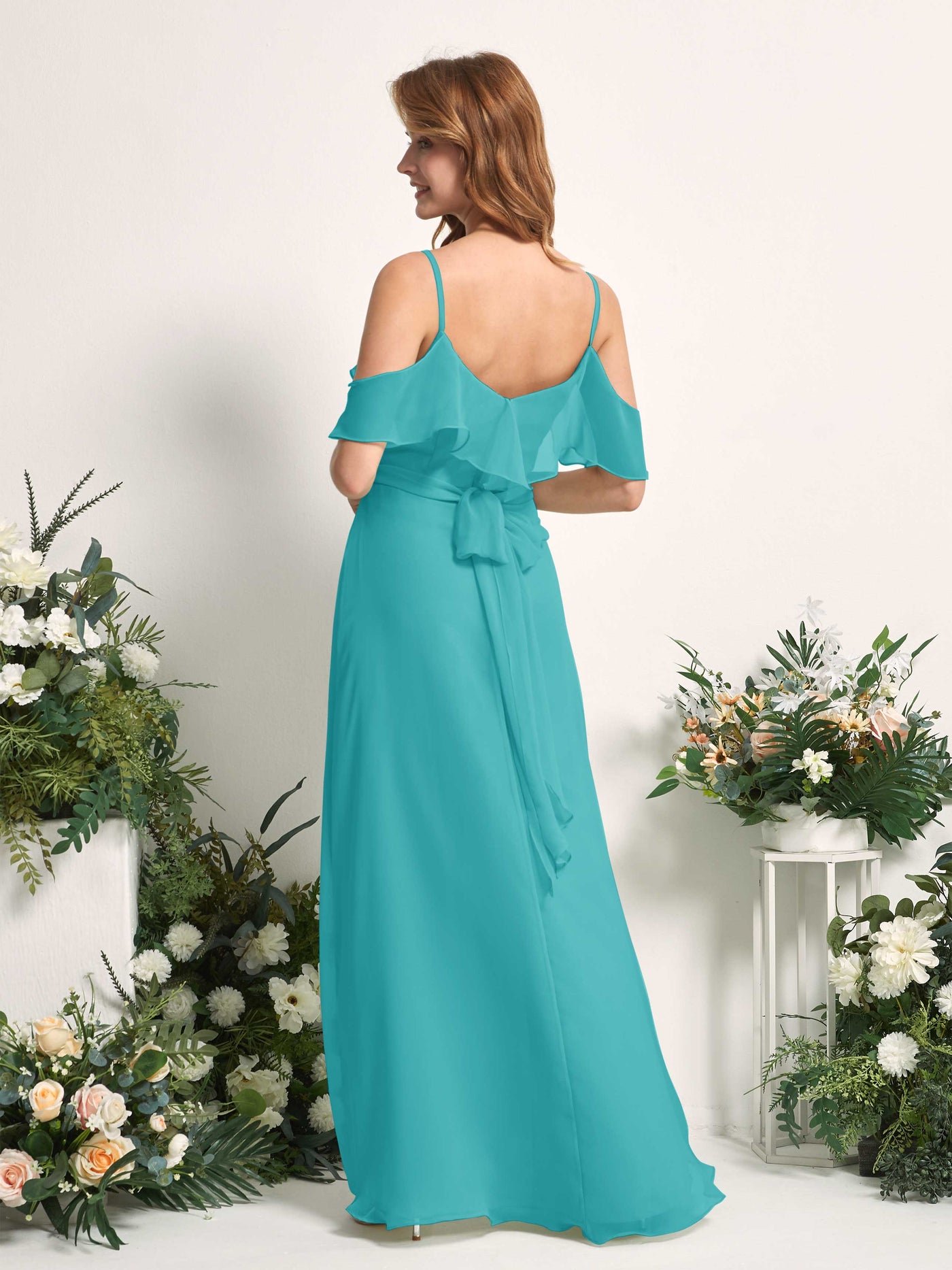 Carlyna Vestido Línea A Hombros Caídos Hasta el suelo Gasa Dama de honor Turquesa #color_turquesa