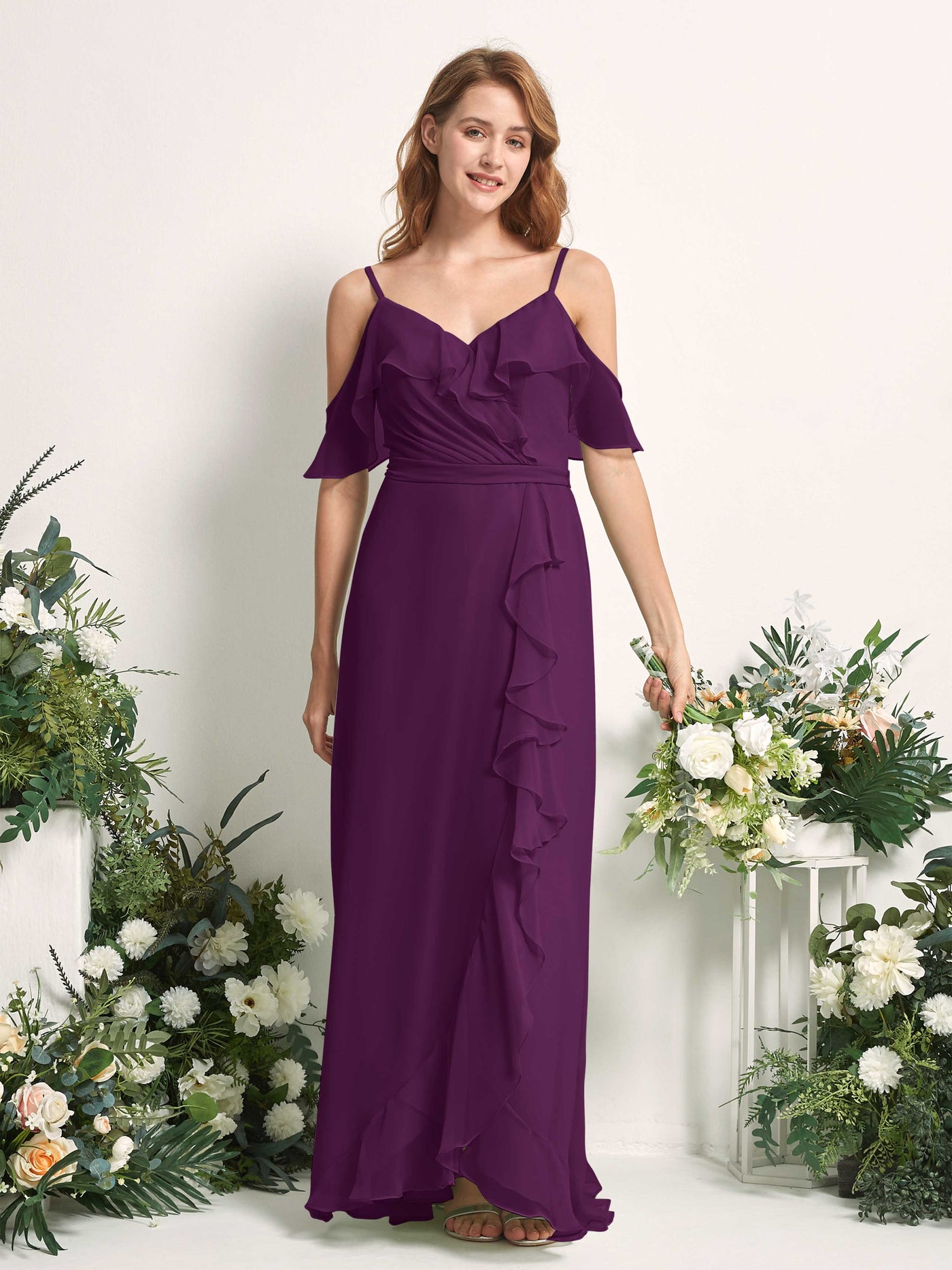 Carlyna Vestido Línea A Hombros Caídos Hasta el suelo Gasa Dama de honor Uva #color_uva