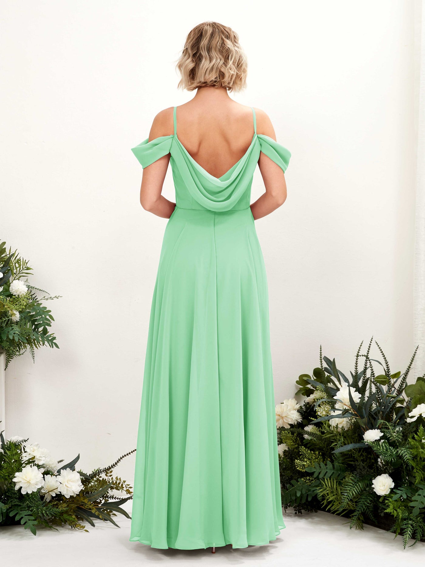 Carlyna Vestido Línea A Hombros caídos Hasta el suelo Gasa dama de honor Verde Menta #color_verde-menta