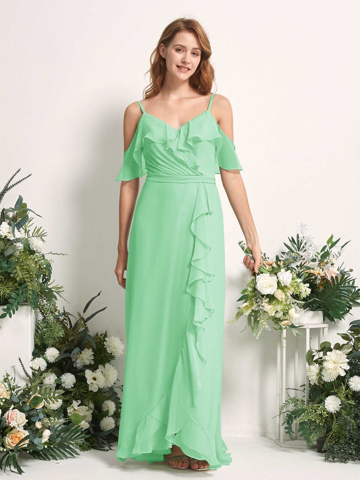 Carlyna Vestido Línea A Hombros Caídos Hasta el suelo Gasa Dama de honor Verde Menta 