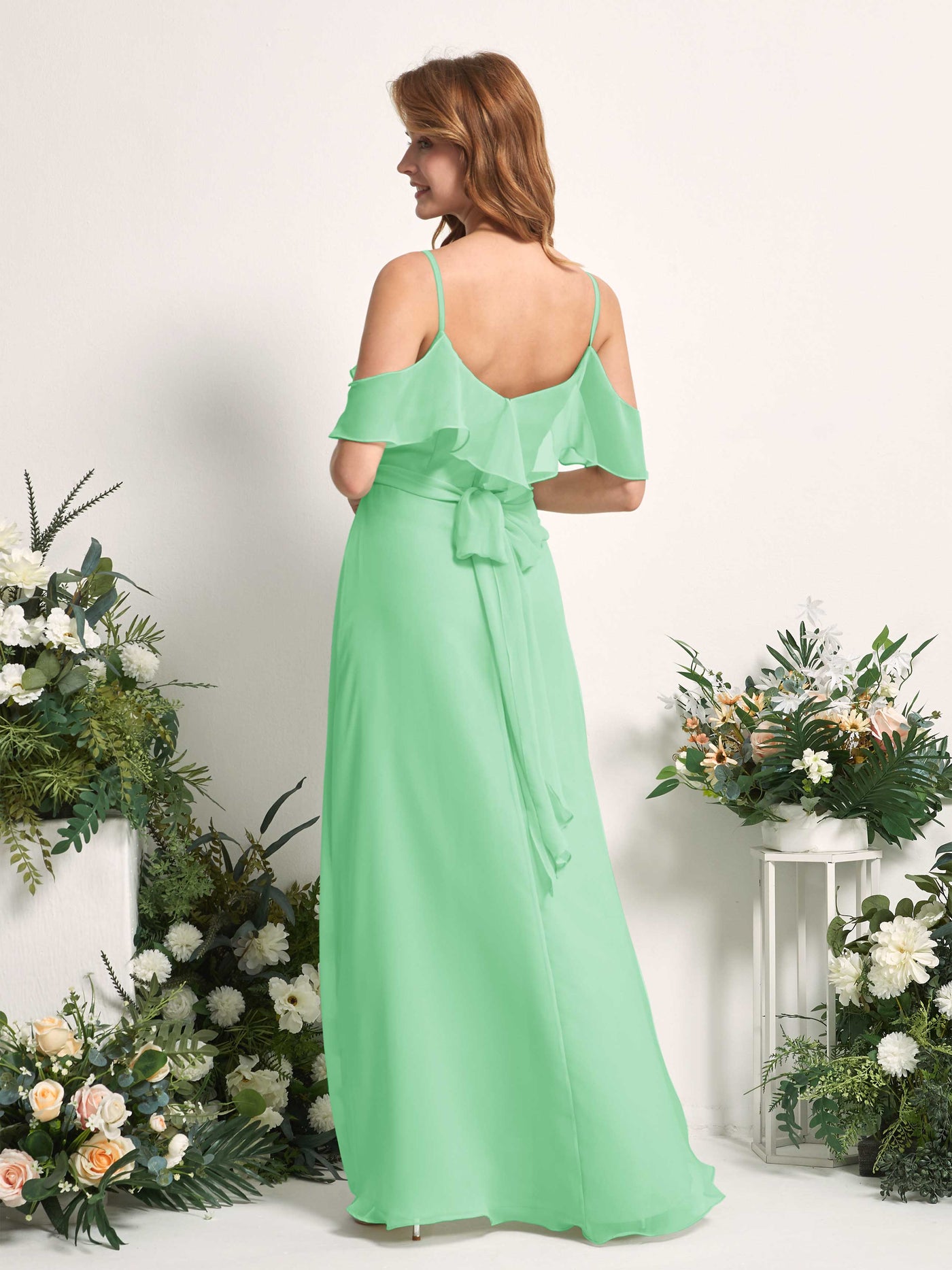 Carlyna Vestido Línea A Hombros Caídos Hasta el suelo Gasa Dama de honor Verde Menta #color_verde-menta