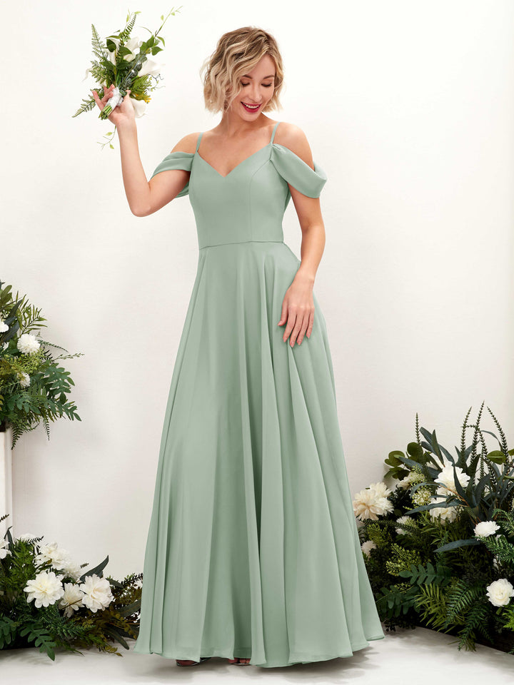 Carlyna Vestido Línea A Hombros caídos Hasta el suelo Gasa dama de honor Verde Salvia 