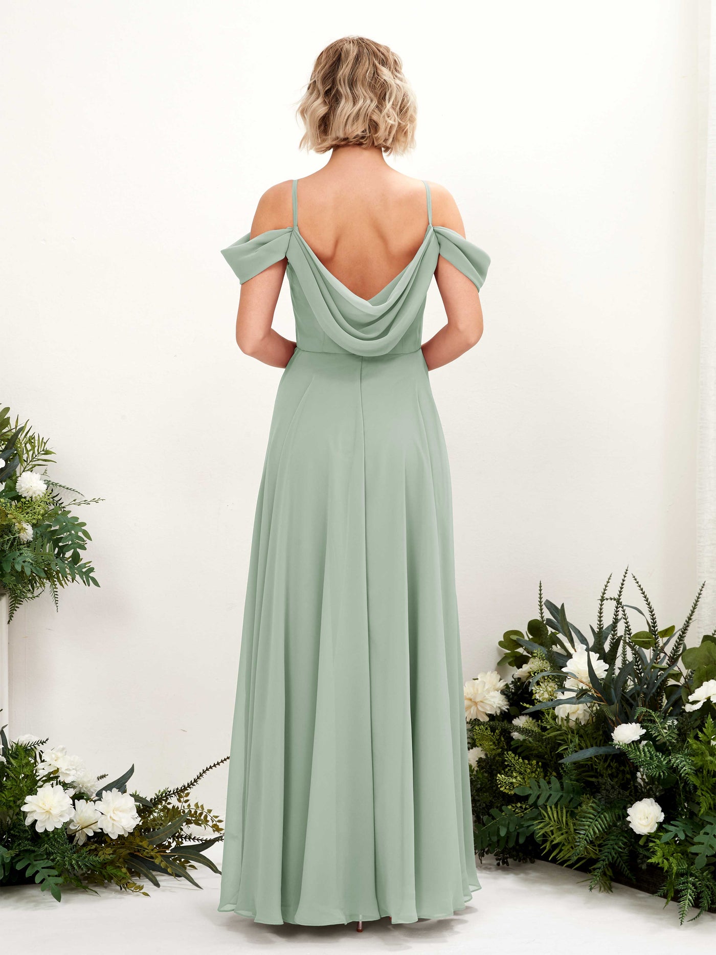 Carlyna Vestido Línea A Hombros caídos Hasta el suelo Gasa dama de honor Verde Salvia #color_verde-salvia