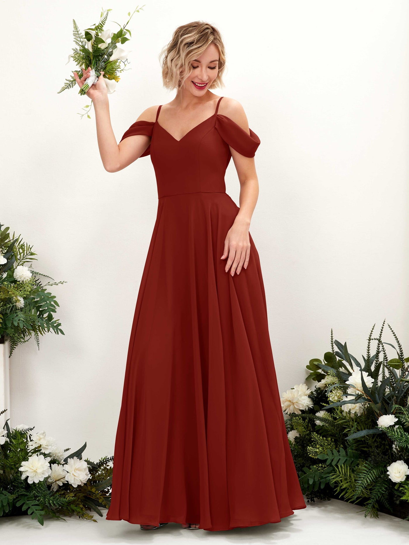 Carlyna Vestido Línea A Hombros caídos Hasta el suelo Gasa dama de honor Óxido #color_xido