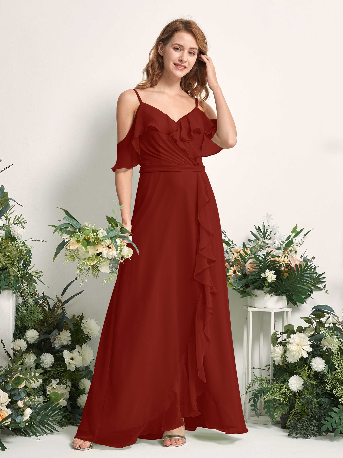 Carlyna Vestido Línea A Hombros Caídos Hasta el suelo Gasa Dama de honor Óxido #color_xido